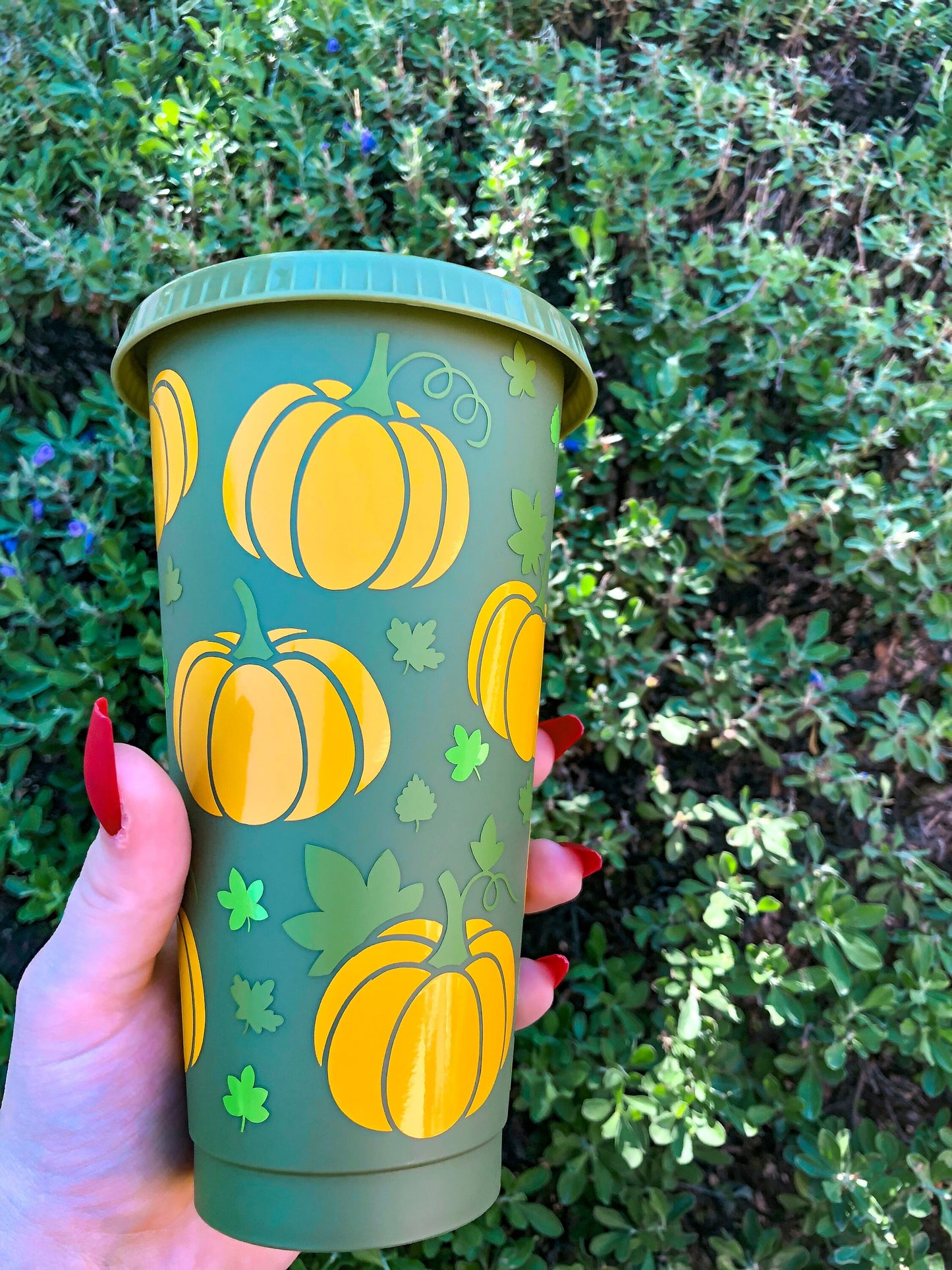 Pumpkin & Leaves Olive Green Fall Decorated Cold Cup - ShopCassiesCrafts