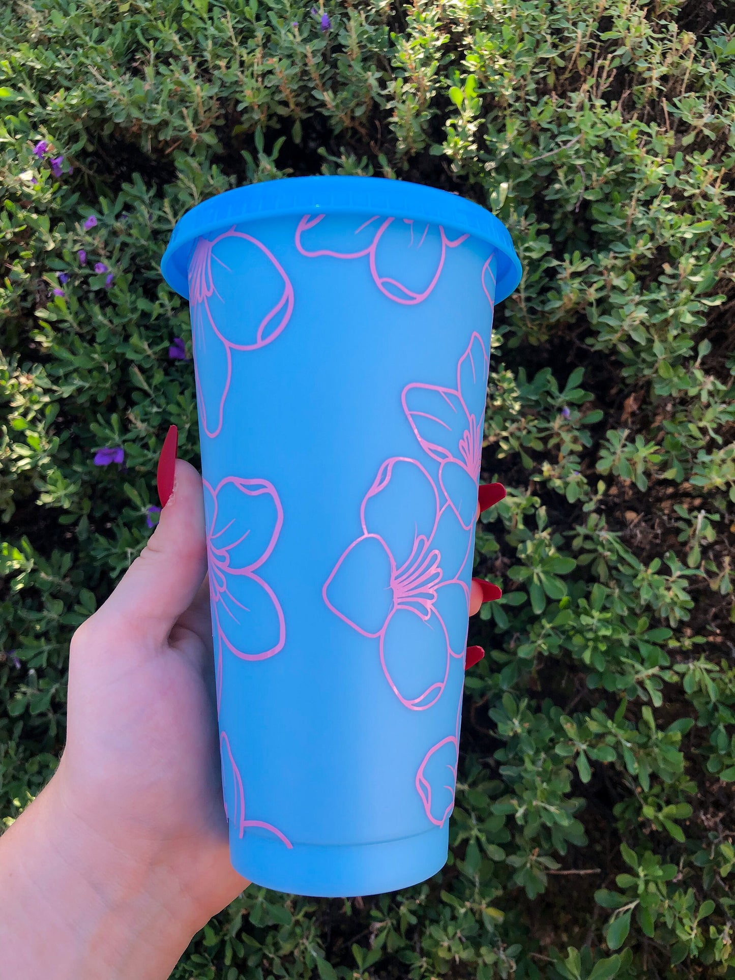 Pink Floral Blue Decorated Cold Cup - ShopCassiesCrafts