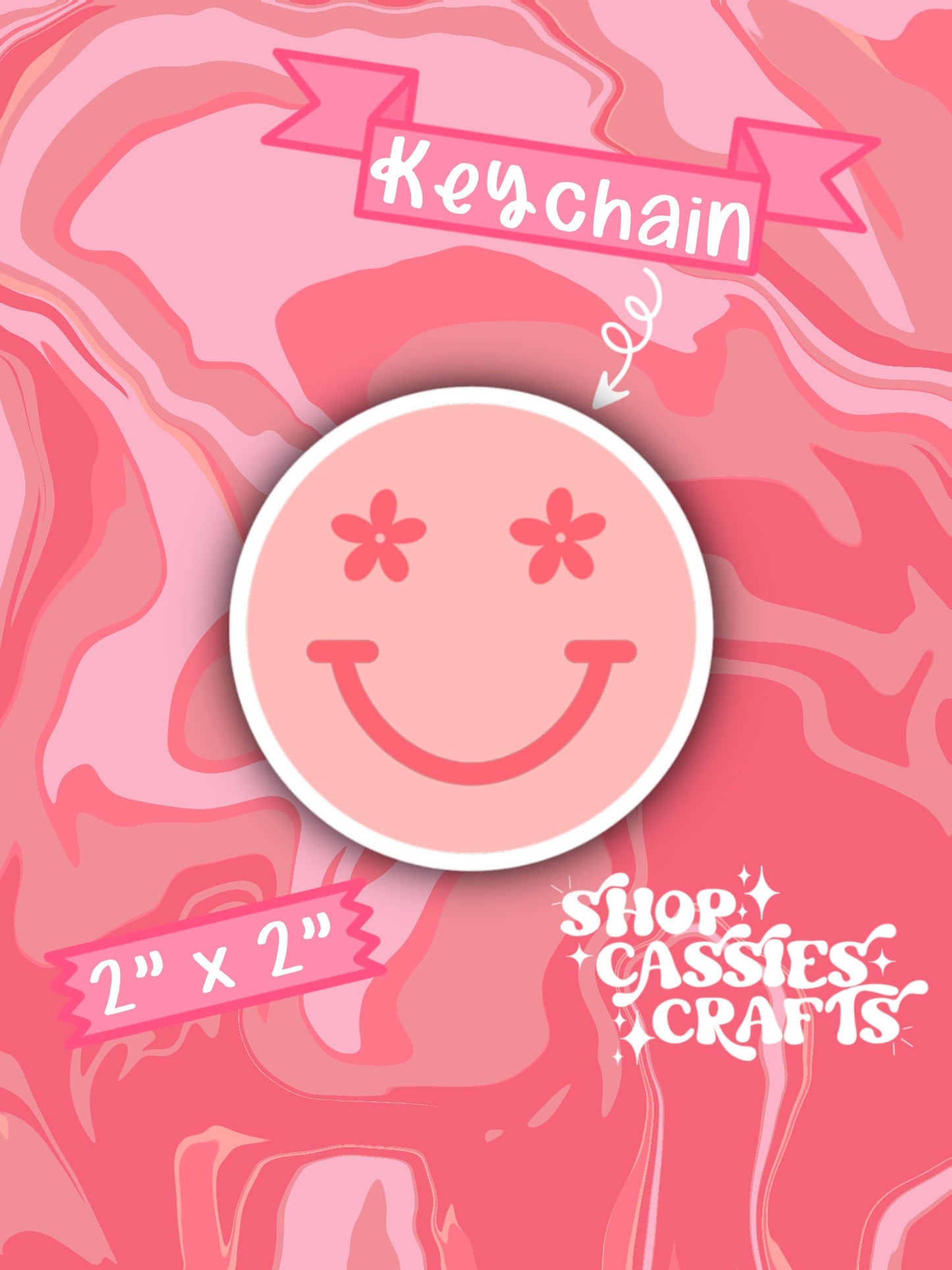 Pink Smiley Face Floral Circle Cut Inspired Acrylic Keychain - ShopCassiesCrafts