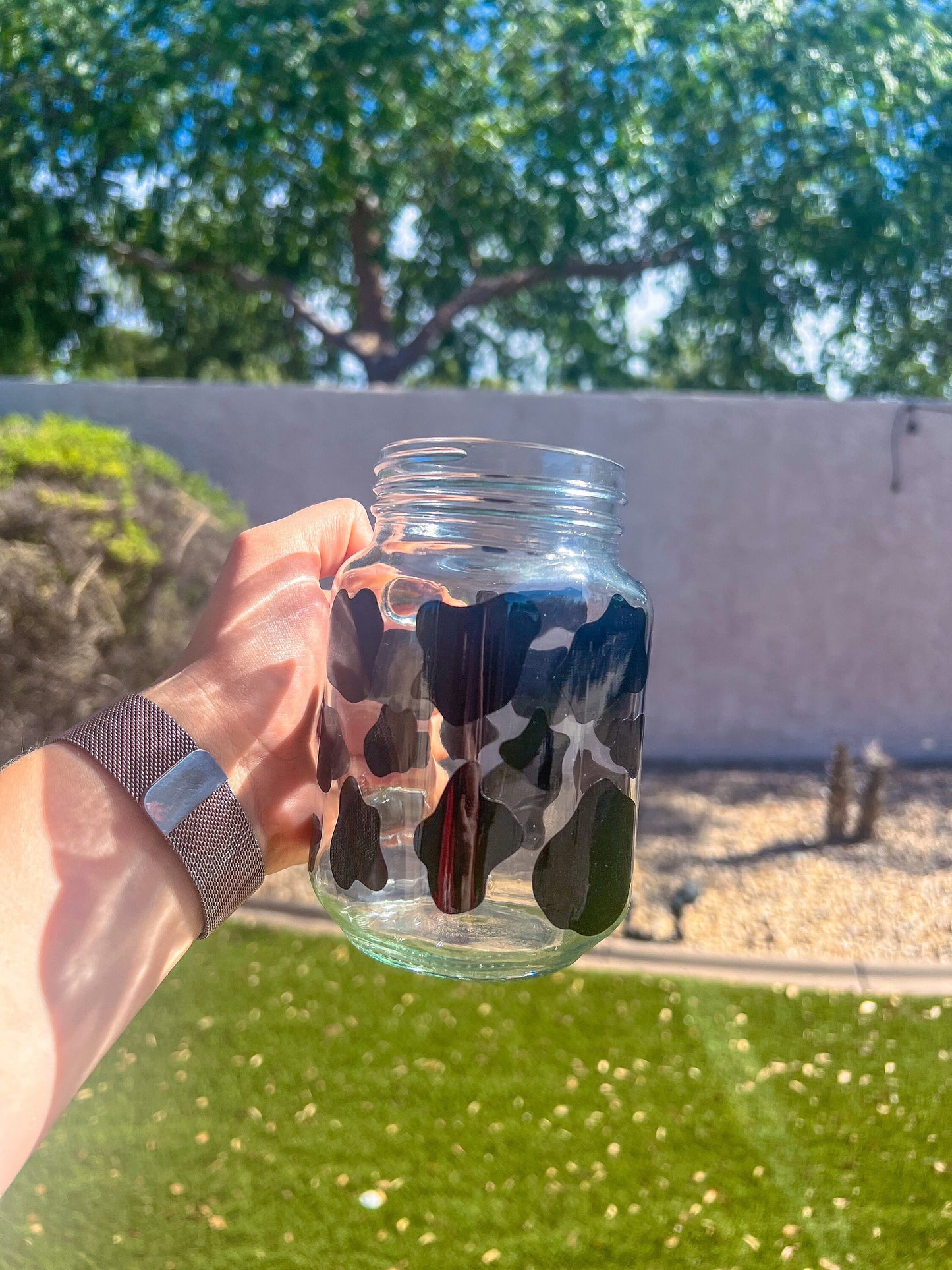 Black Cow Print Decorated Glass Mason Jar w/Handle
