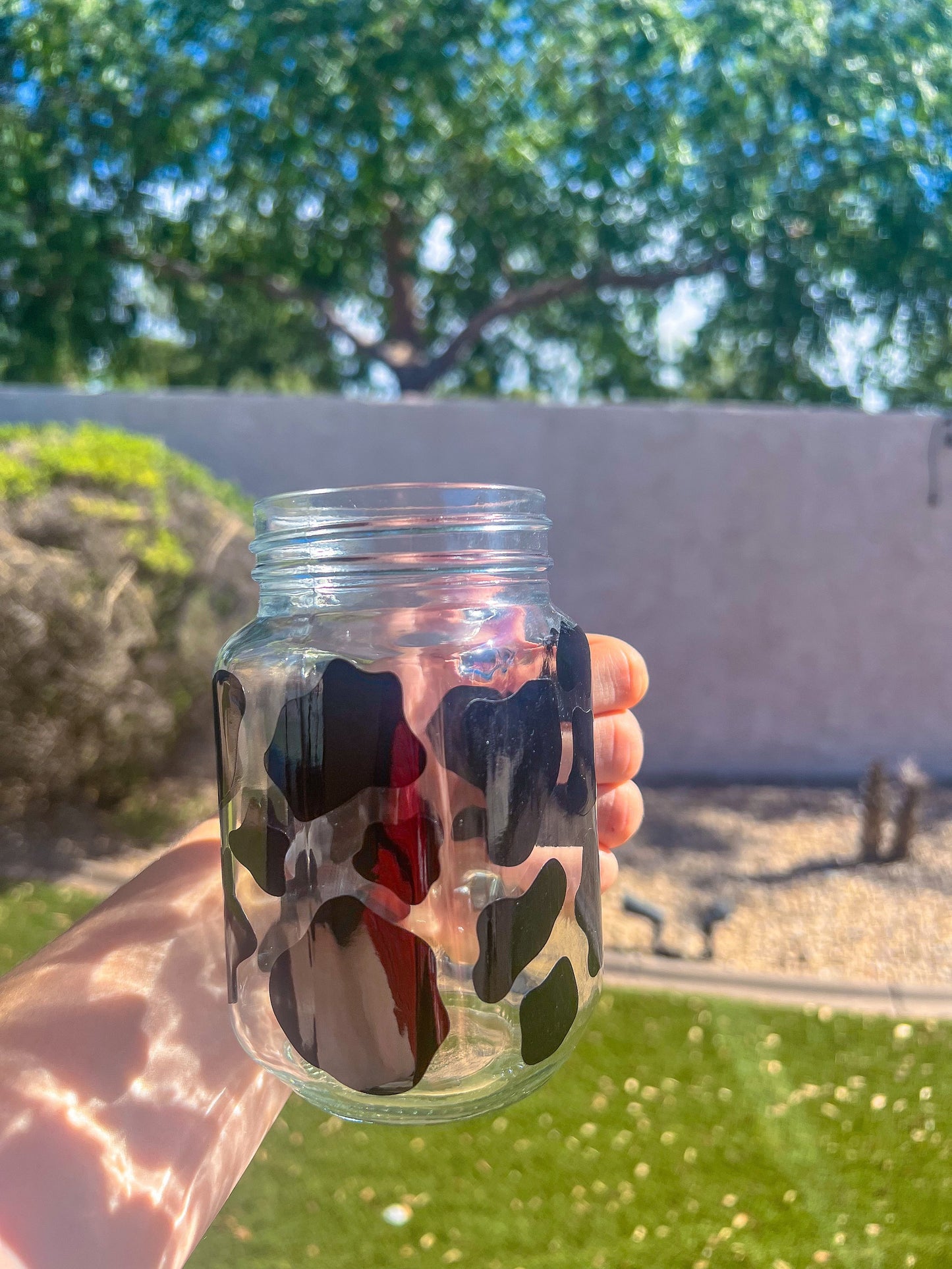 Black Cow Print Decorated Glass Mason Jar w/Handle