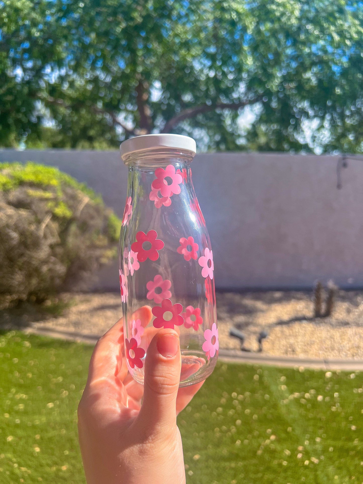 Pink Flowers Decorated Glass Milk Bottle with Lid - ShopCassiesCrafts