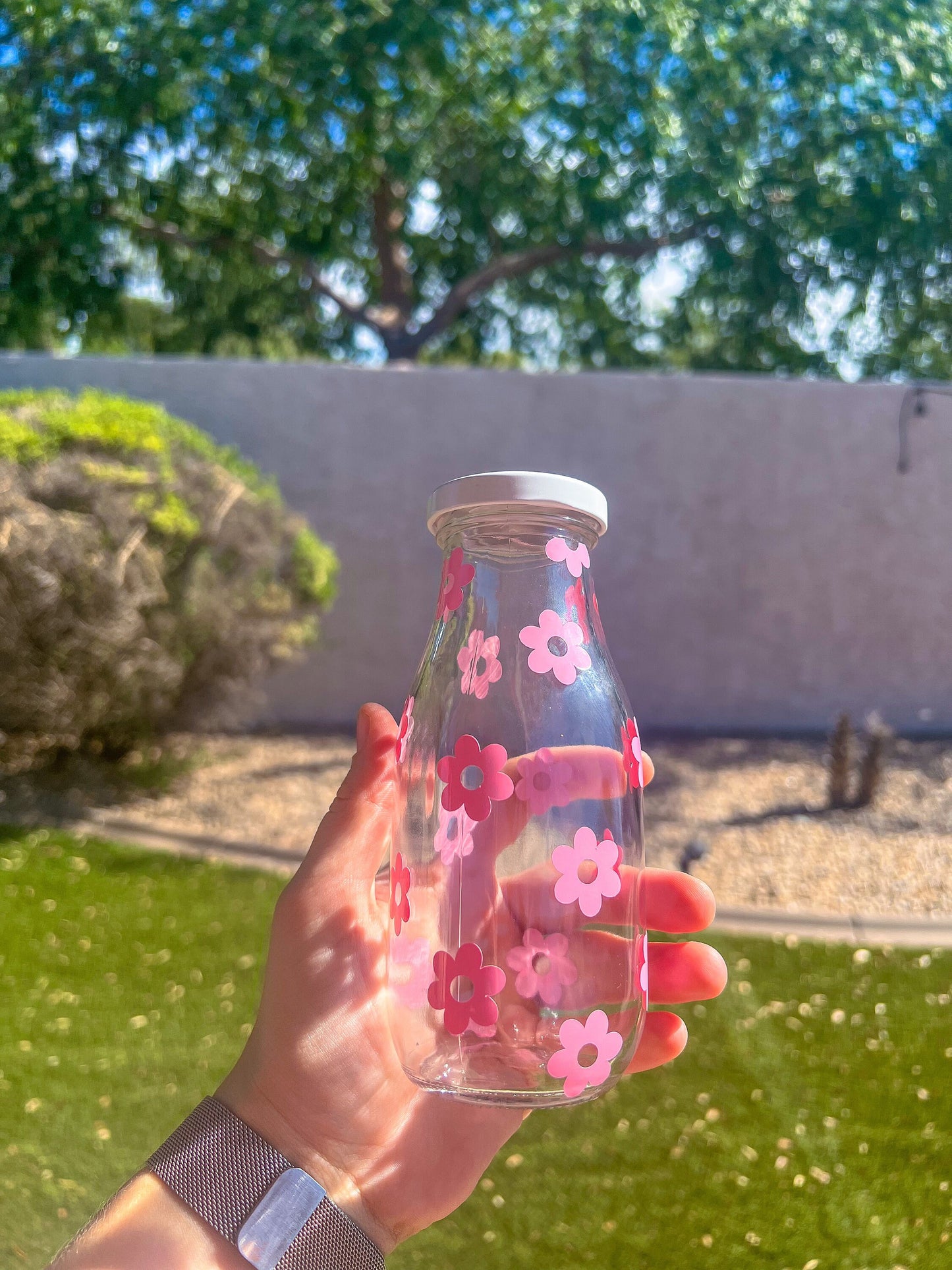 Pink Flowers Decorated Glass Milk Bottle with Lid - ShopCassiesCrafts