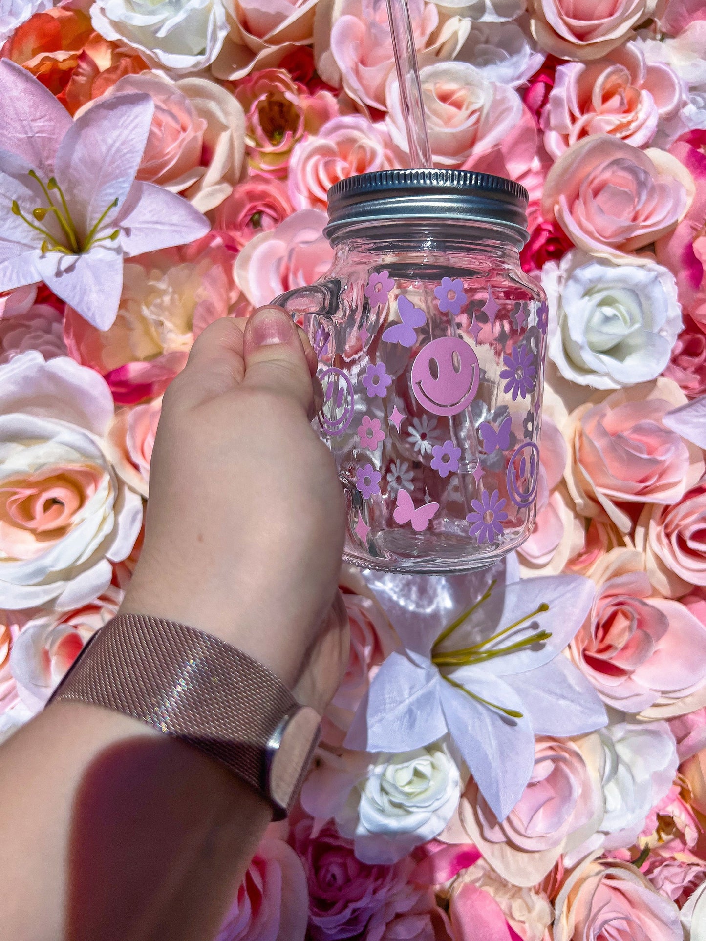 Pink & Purple Trendy Doodles Decorated Glass Mason Jar w|Handle