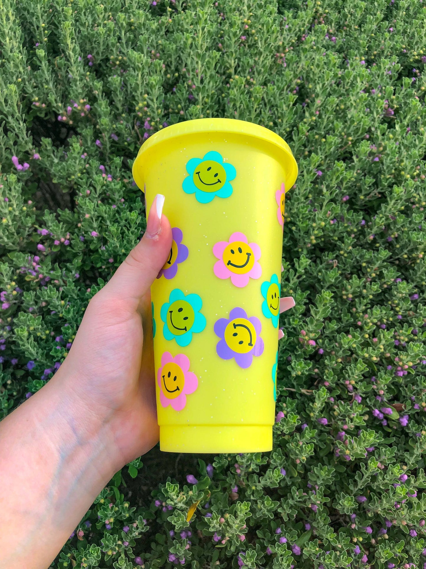 Flower Smiley Face Yellow Glitter Decorated Cold Cup - ShopCassiesCrafts