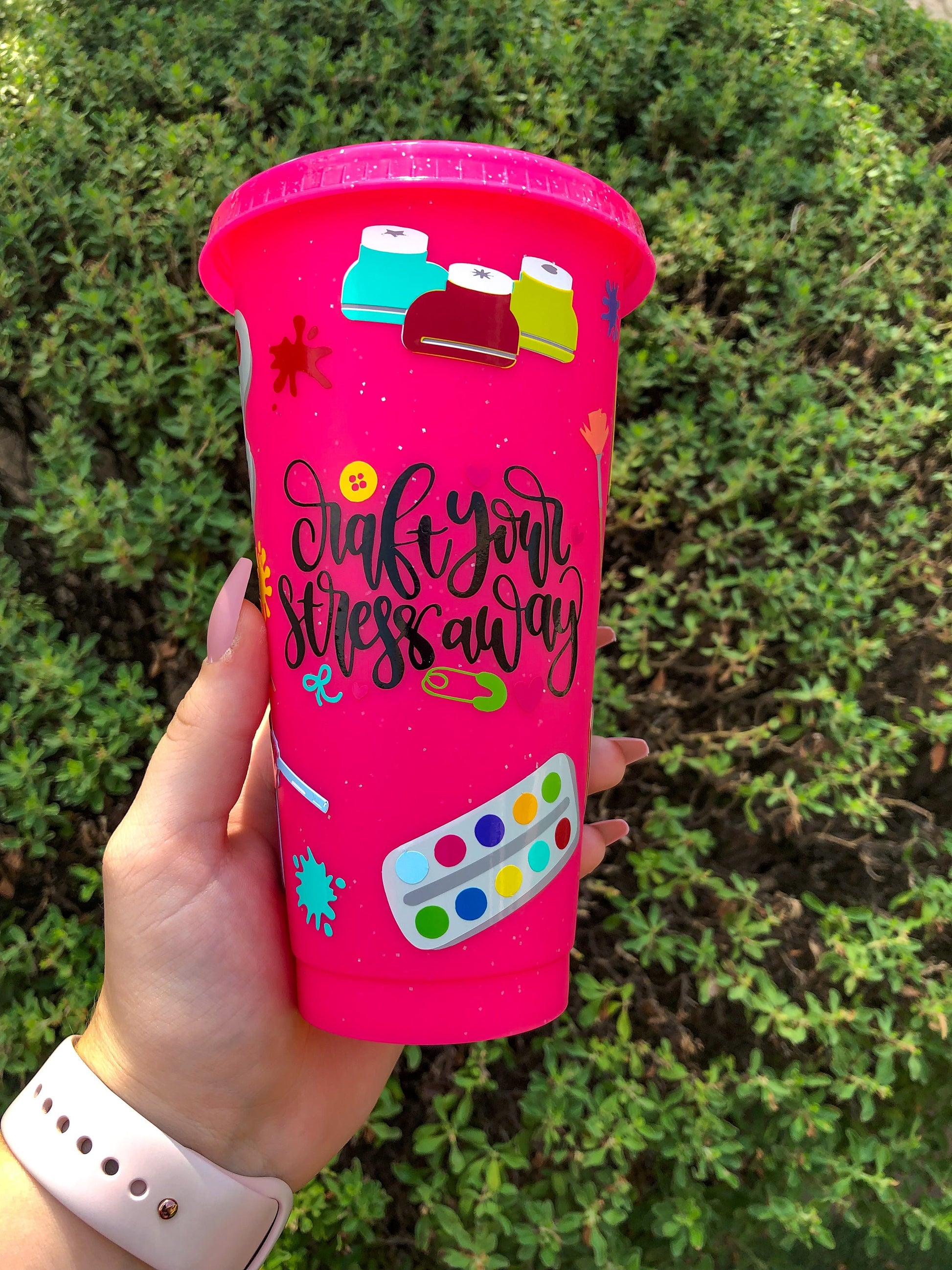 Crafting/Artist Decorated Pink Glitter Cold Cup - ShopCassiesCrafts