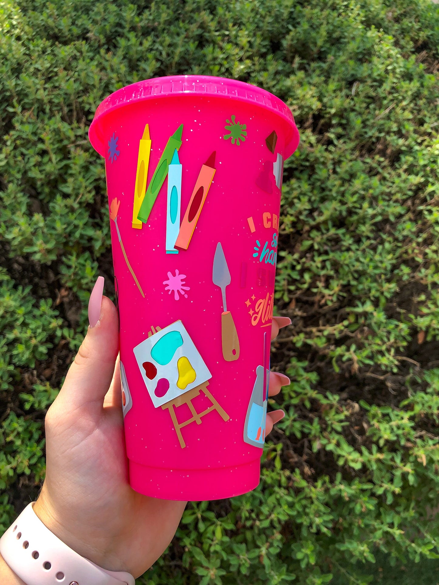 Crafting/Artist Decorated Pink Glitter Cold Cup - ShopCassiesCrafts