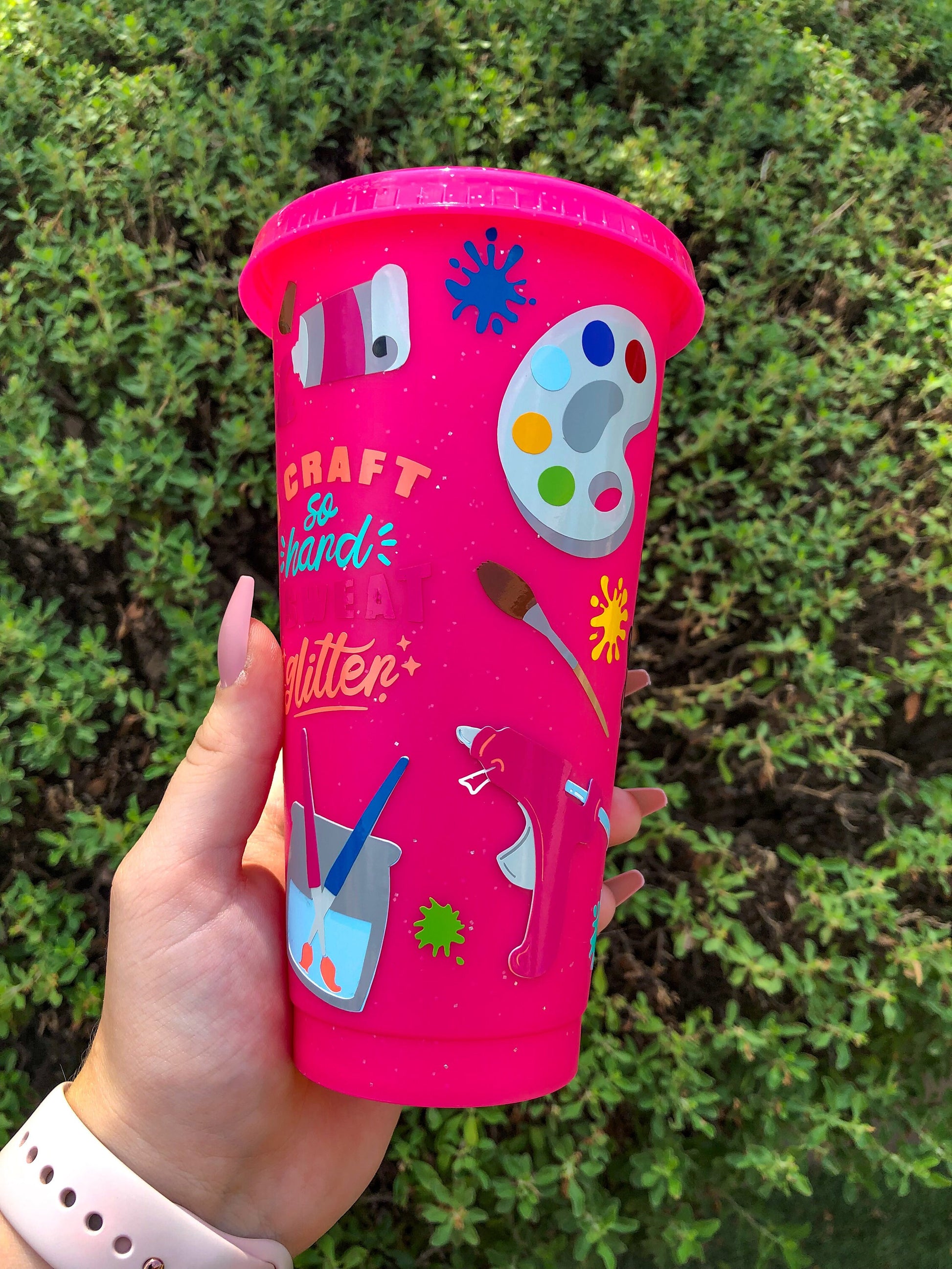 Crafting/Artist Decorated Pink Glitter Cold Cup - ShopCassiesCrafts