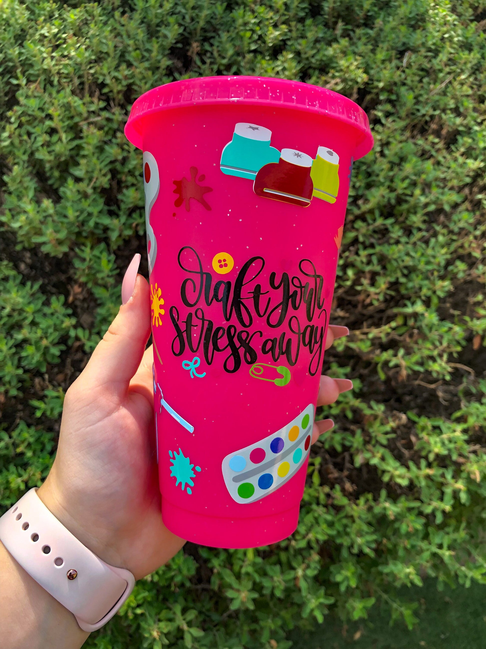 Crafting/Artist Decorated Pink Glitter Cold Cup - ShopCassiesCrafts