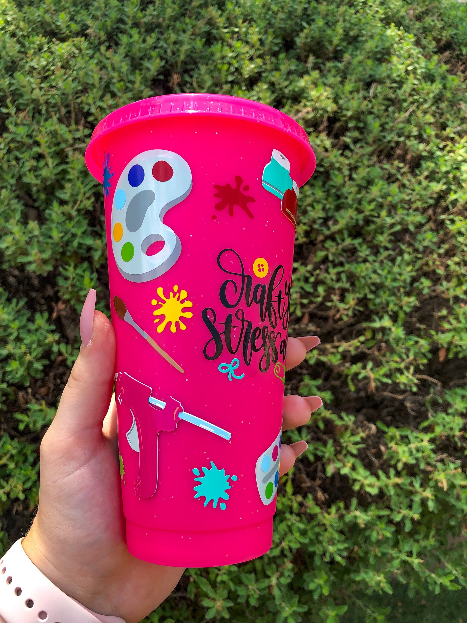 Crafting/Artist Decorated Pink Glitter Cold Cup - ShopCassiesCrafts