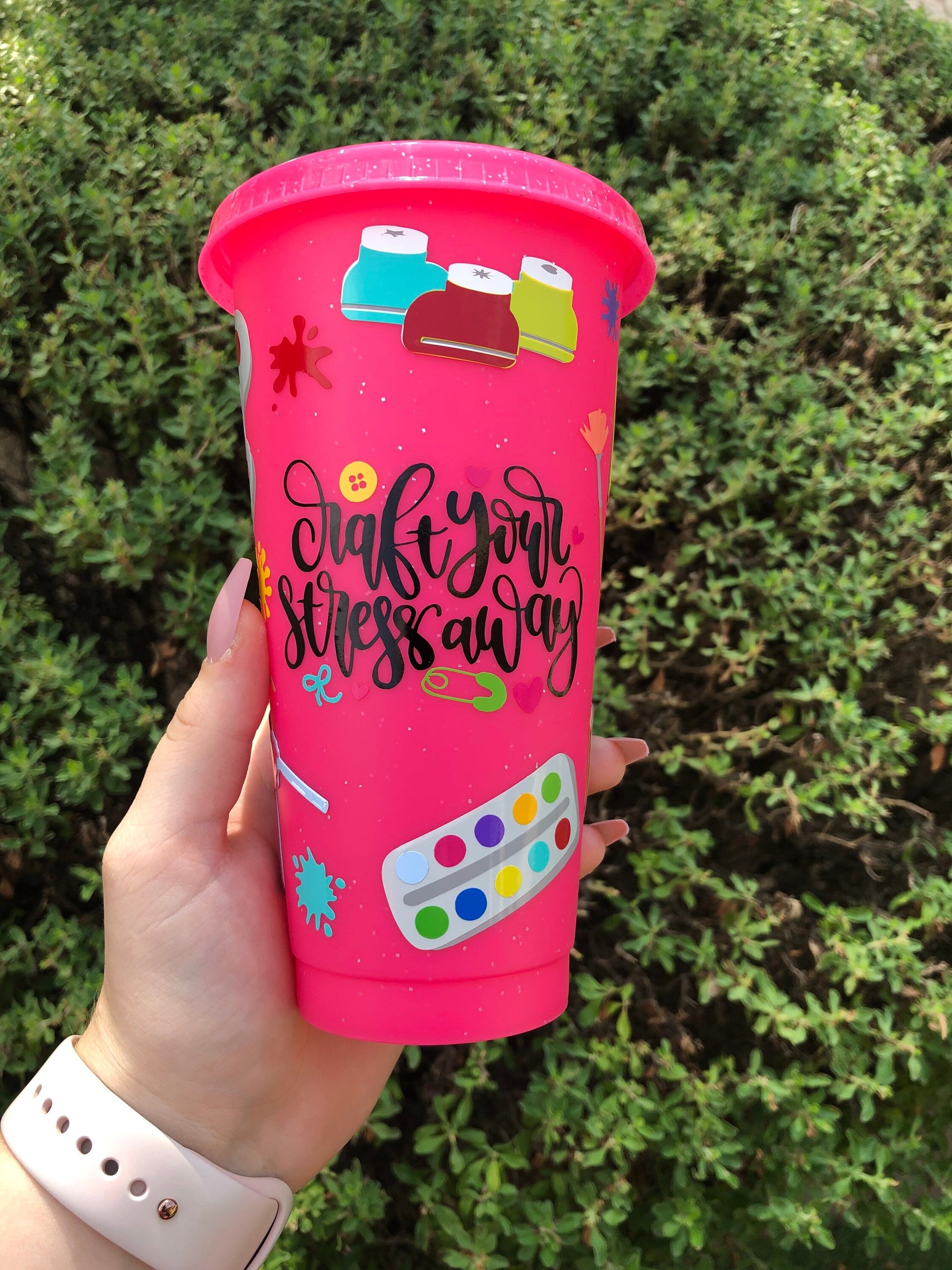 Crafting/Artist Decorated Pink Glitter Cold Cup - ShopCassiesCrafts