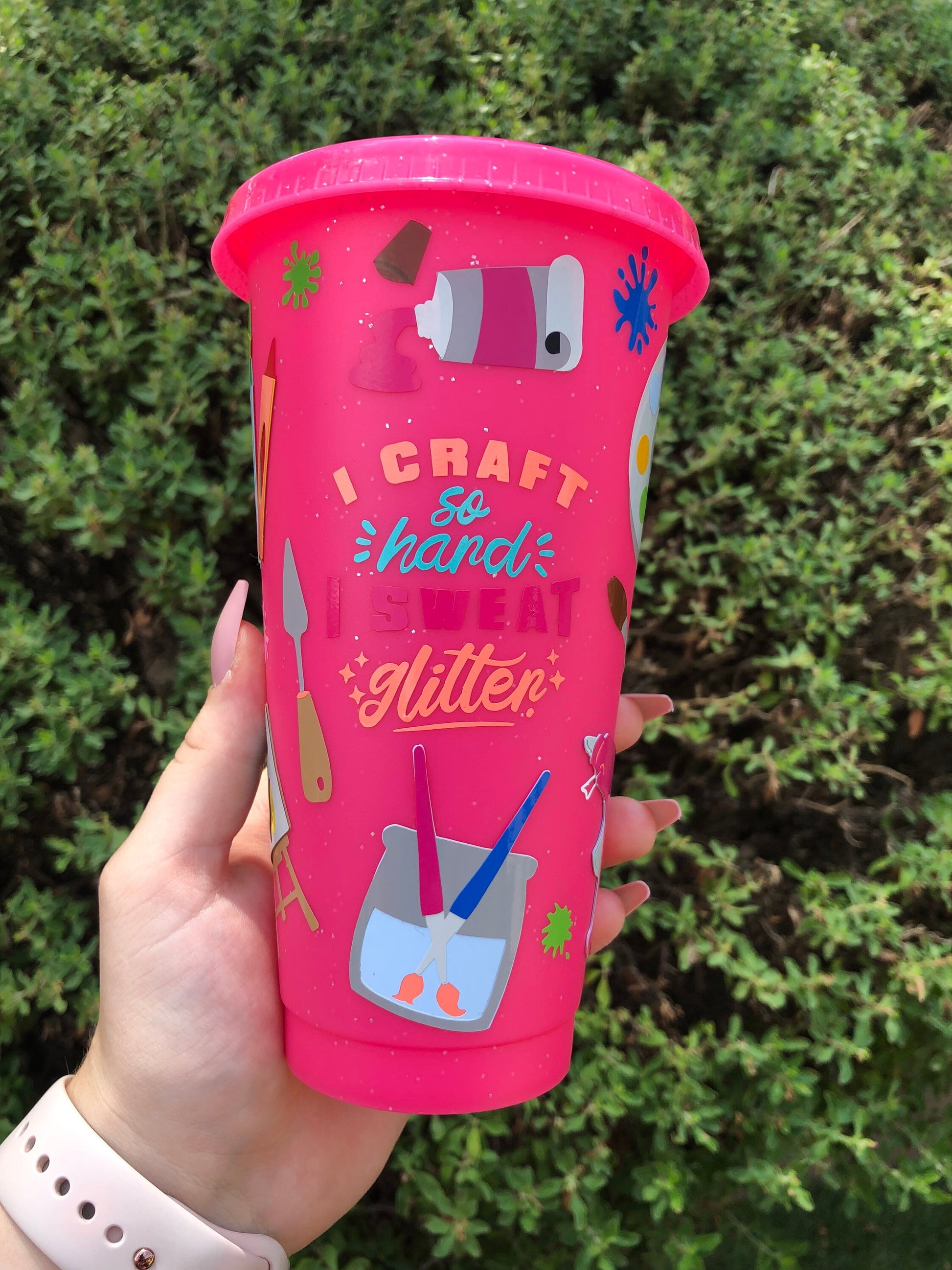 Crafting/Artist Decorated Pink Glitter Cold Cup - ShopCassiesCrafts