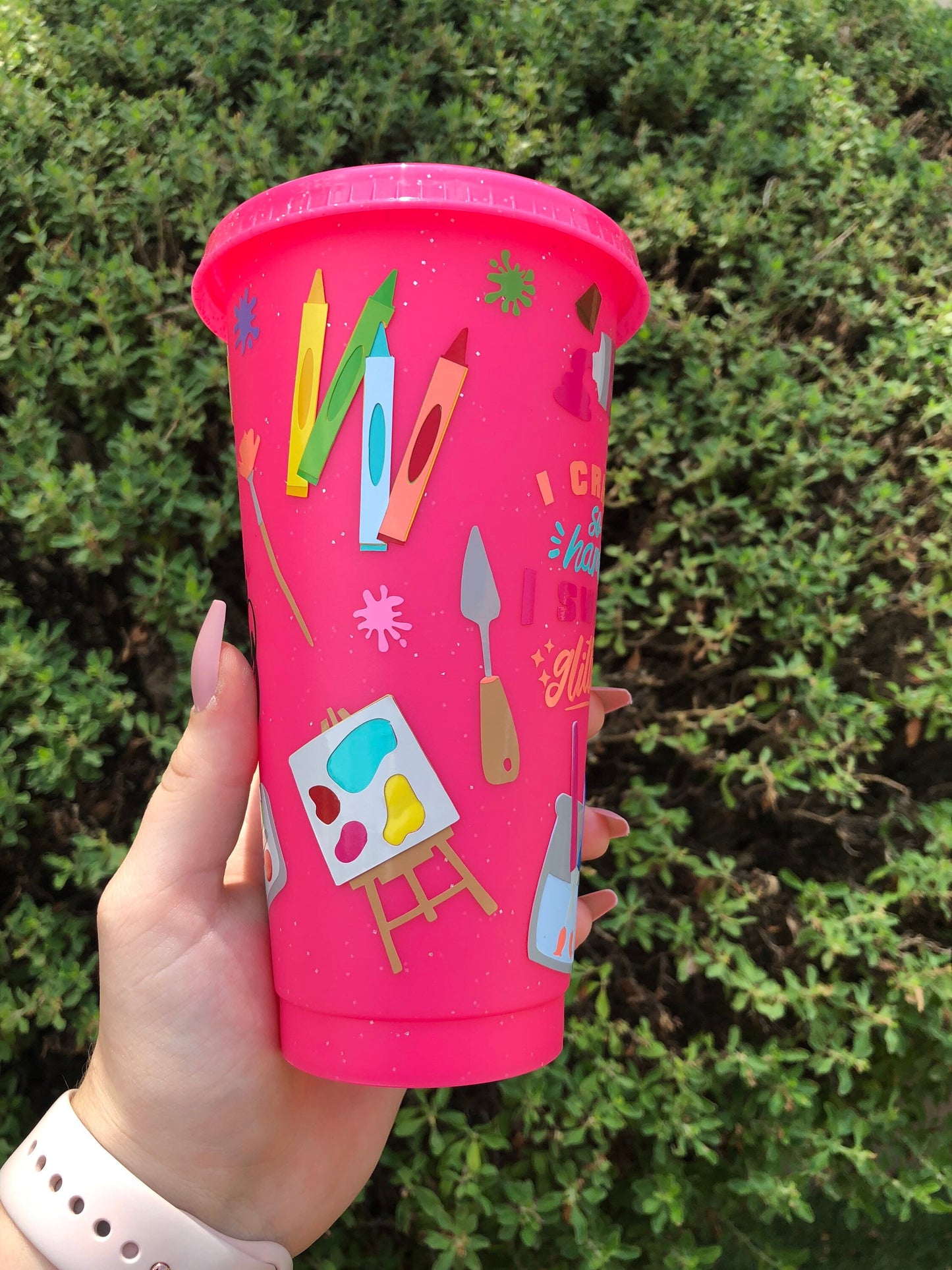 Crafting/Artist Decorated Pink Glitter Cold Cup - ShopCassiesCrafts