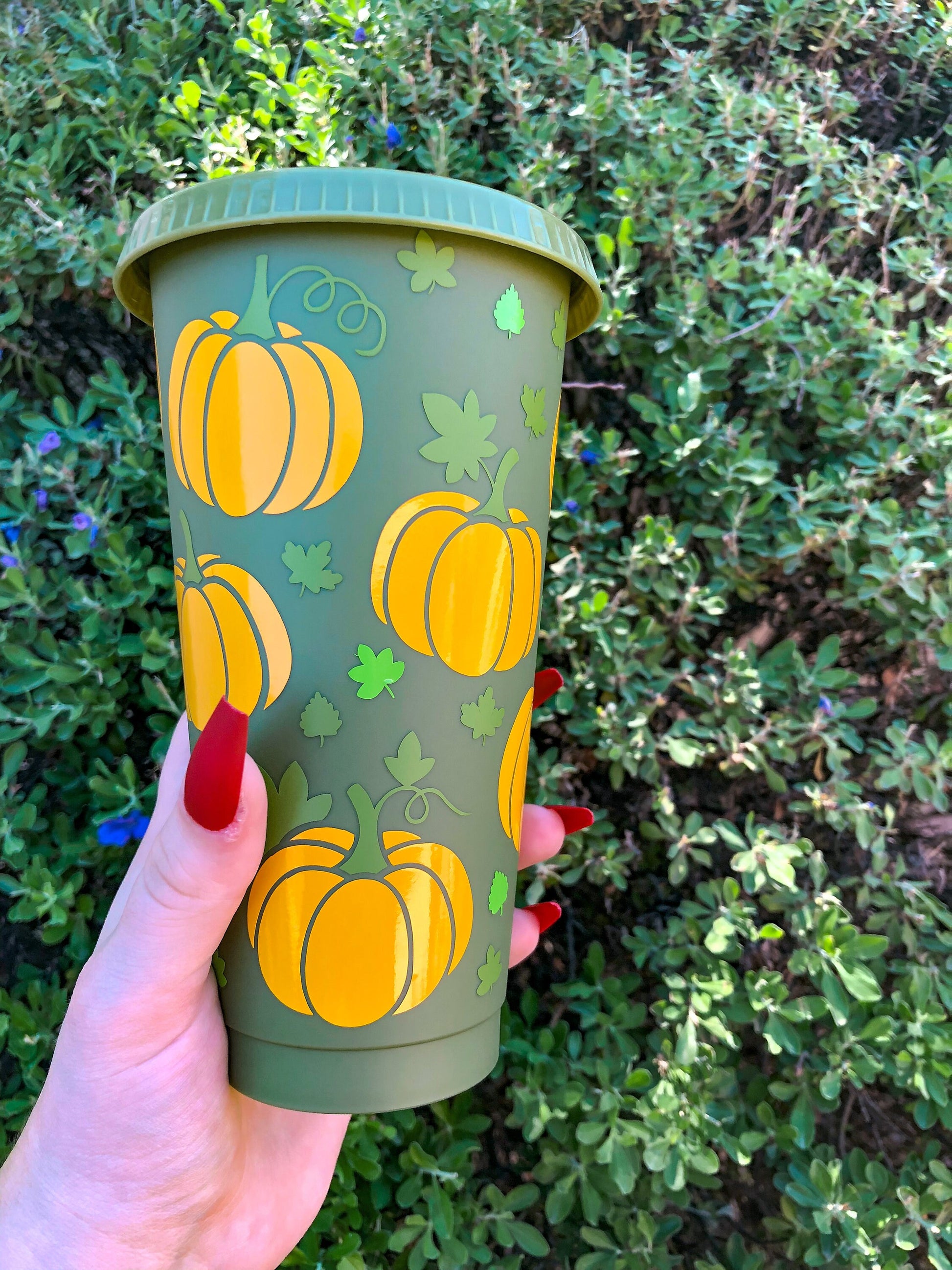 Pumpkin & Leaves Olive Green Fall Decorated Cold Cup - ShopCassiesCrafts