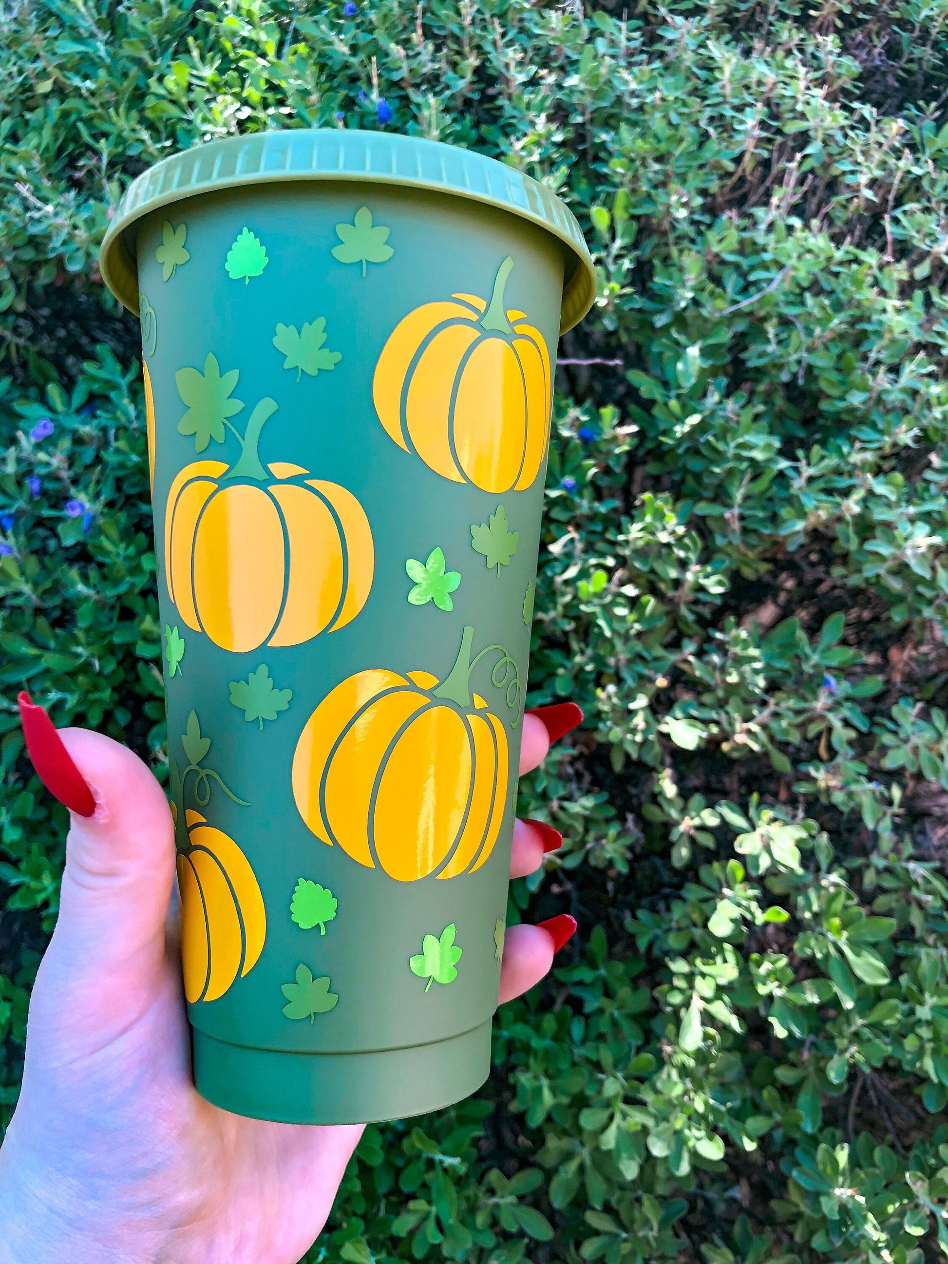 Pumpkin & Leaves Olive Green Fall Decorated Cold Cup - ShopCassiesCrafts