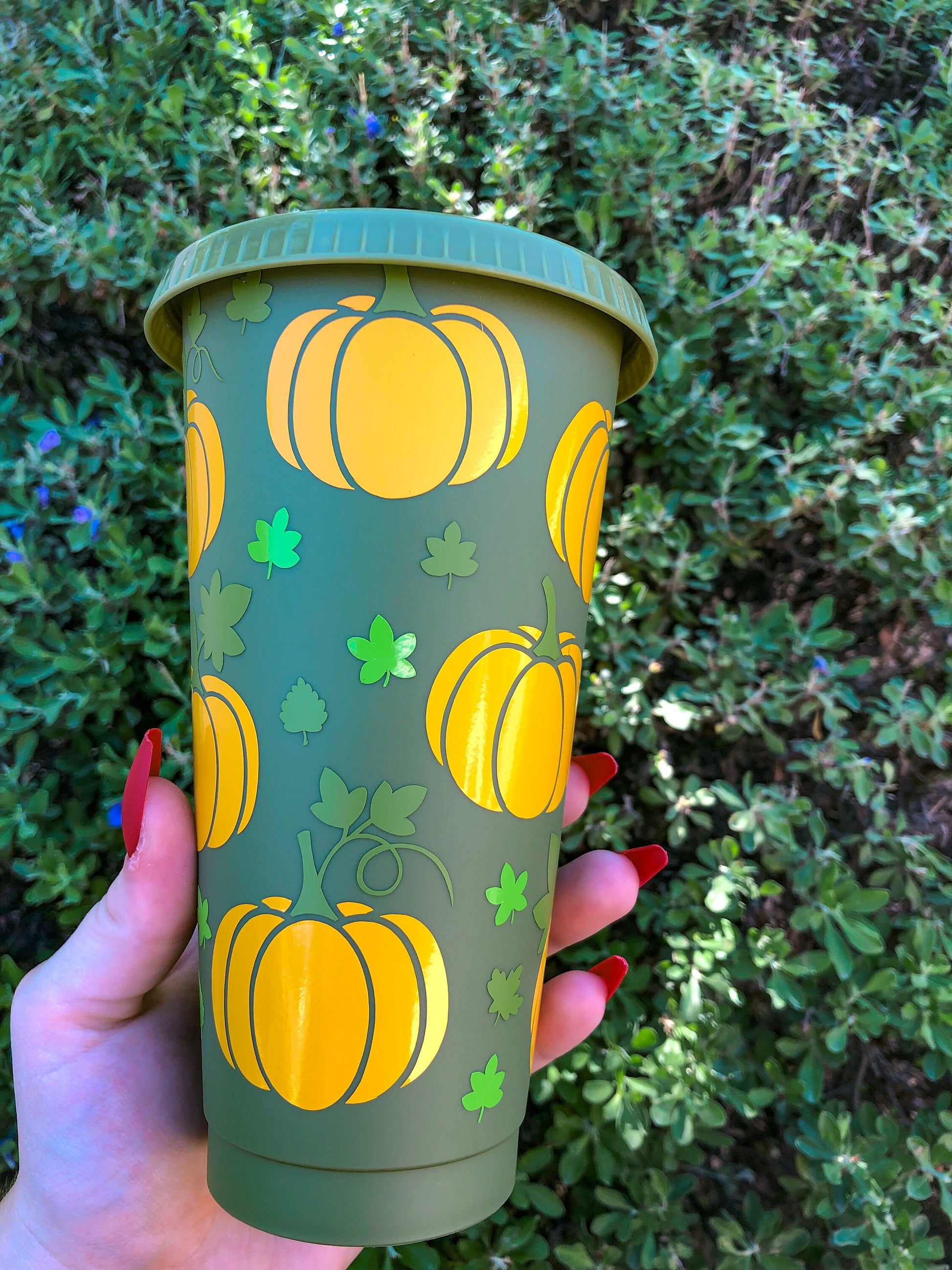 Pumpkin & Leaves Olive Green Fall Decorated Cold Cup - ShopCassiesCrafts