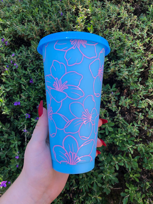 Pink Floral Blue Decorated Cold Cup - ShopCassiesCrafts