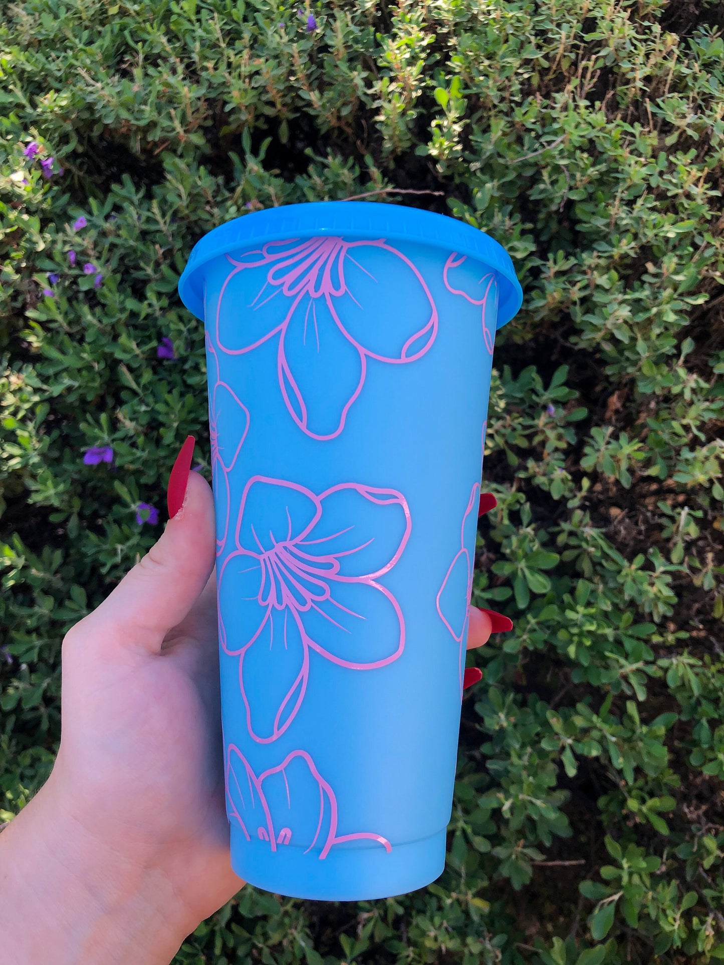 Pink Floral Blue Decorated Cold Cup - ShopCassiesCrafts