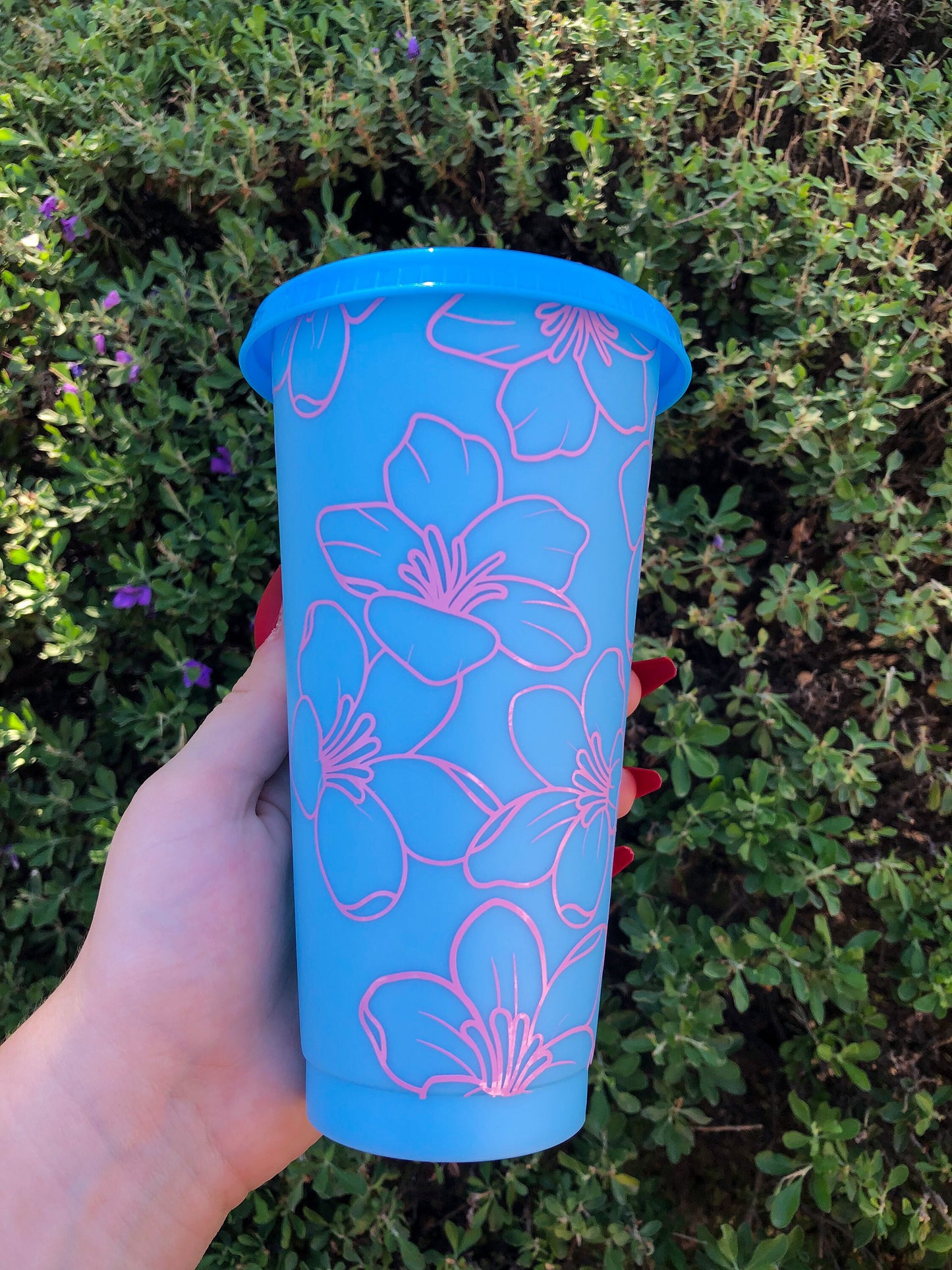 Pink Floral Blue Decorated Cold Cup - ShopCassiesCrafts