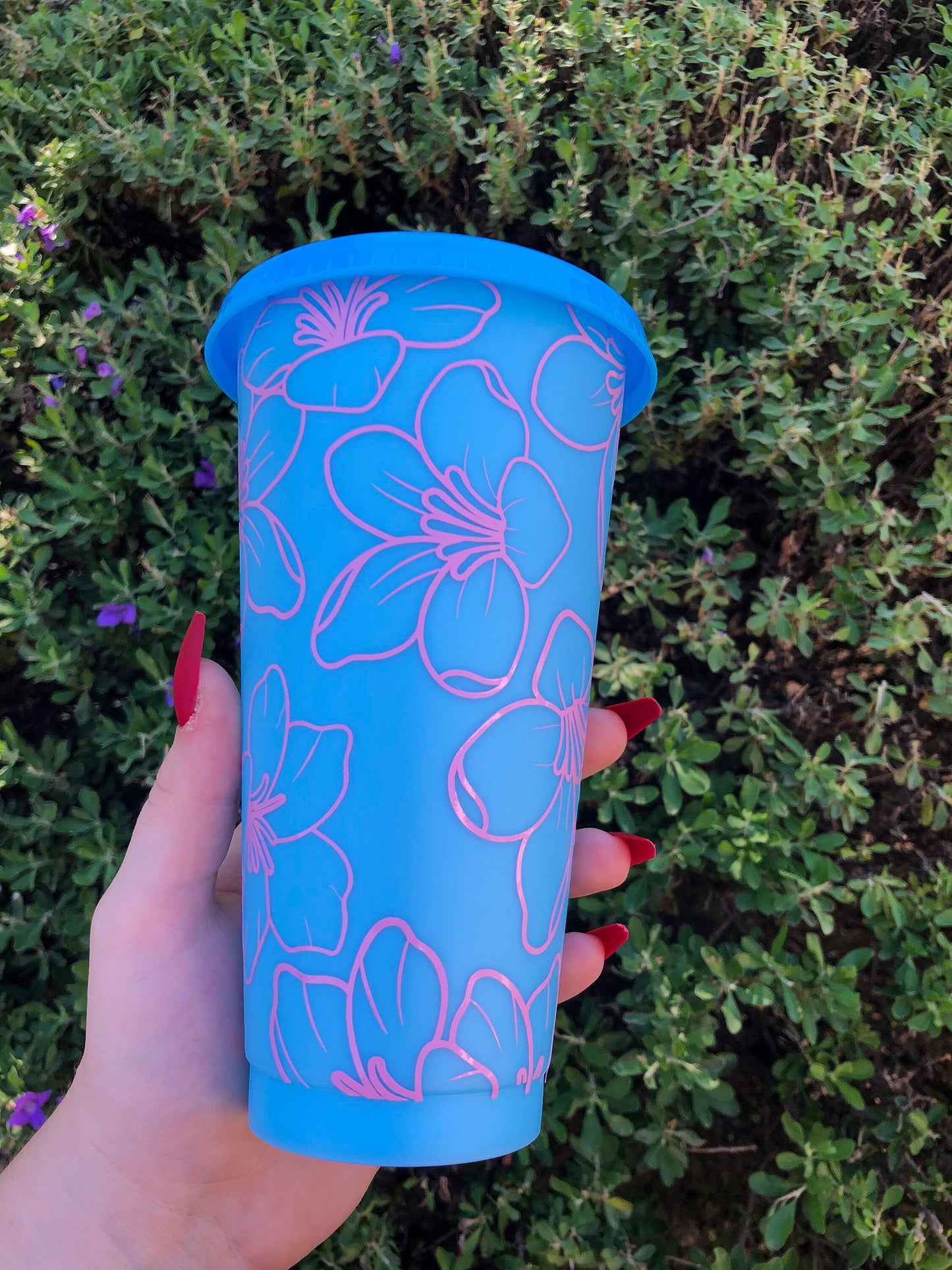 Pink Floral Blue Decorated Cold Cup - ShopCassiesCrafts