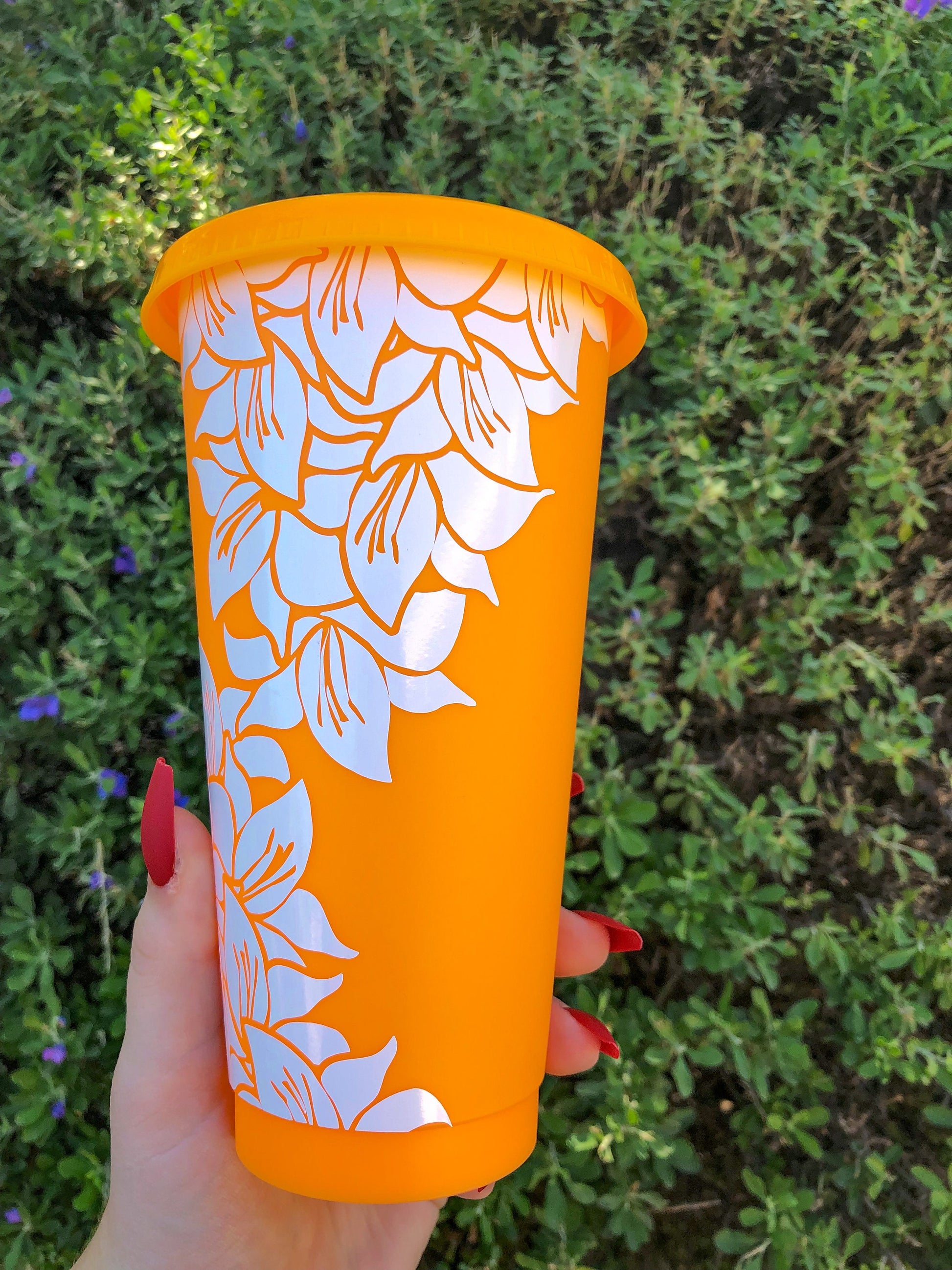 White Floral Orange Decorated Cold Cup - ShopCassiesCrafts