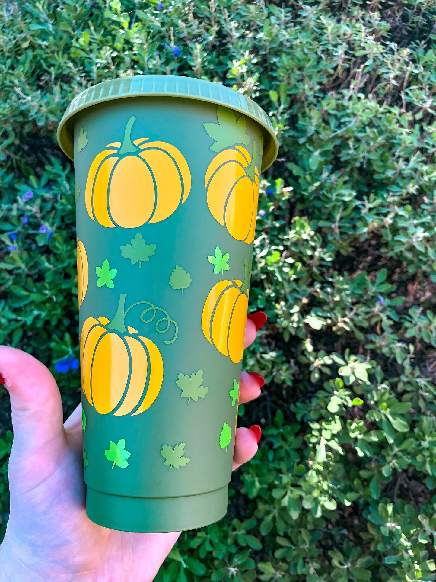 Pumpkin & Leaves Olive Green Fall Decorated Cold Cup - ShopCassiesCrafts