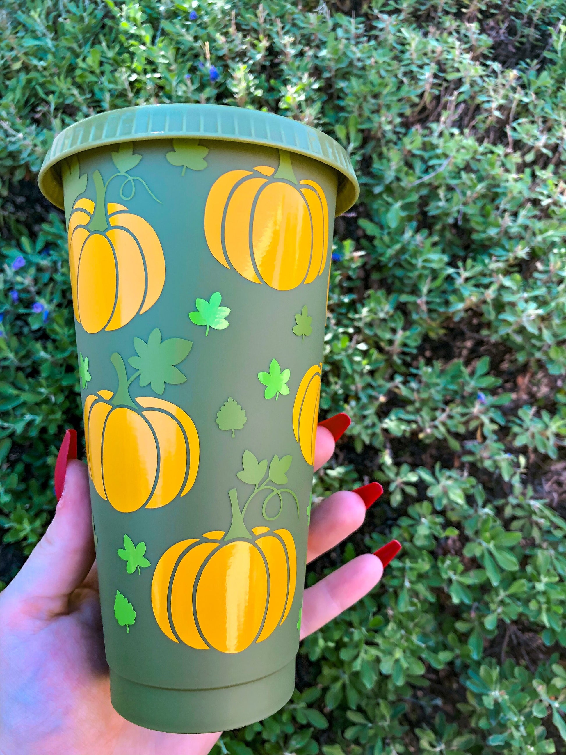 Pumpkin & Leaves Olive Green Fall Decorated Cold Cup - ShopCassiesCrafts