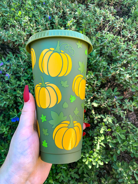 Pumpkin & Leaves Olive Green Fall Decorated Cold Cup - ShopCassiesCrafts