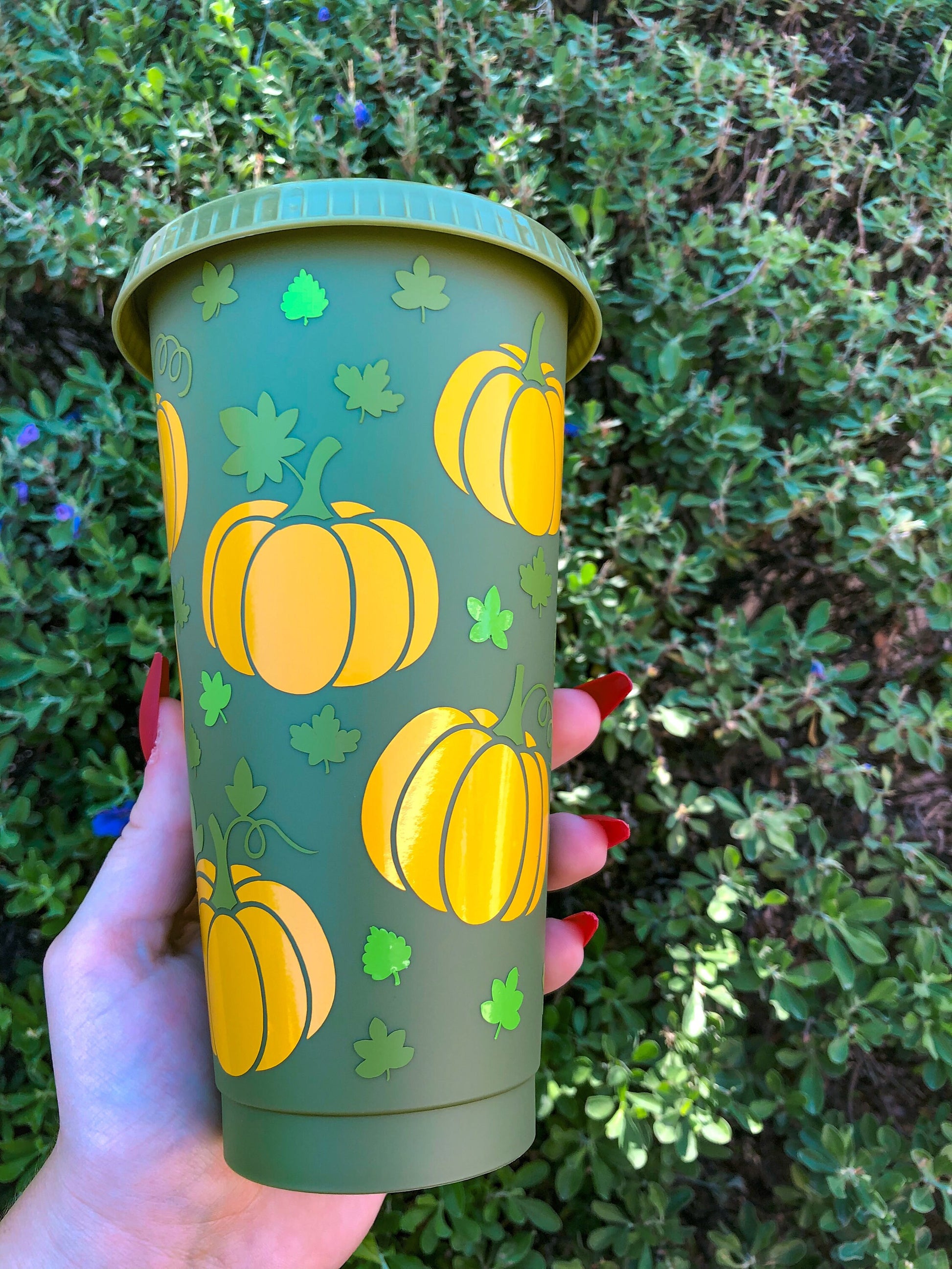 Pumpkin & Leaves Olive Green Fall Decorated Cold Cup - ShopCassiesCrafts