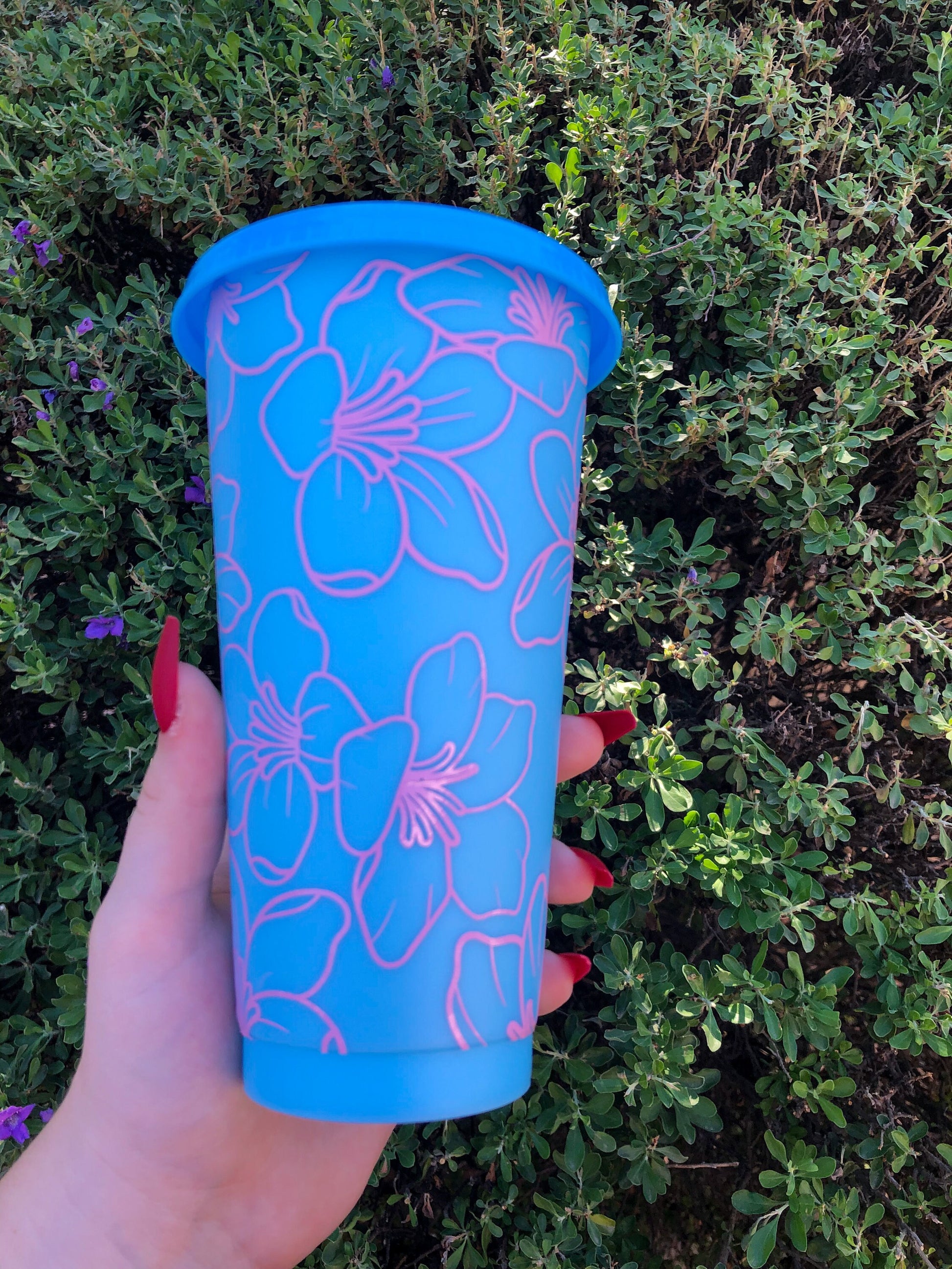 Pink Floral Blue Decorated Cold Cup - ShopCassiesCrafts