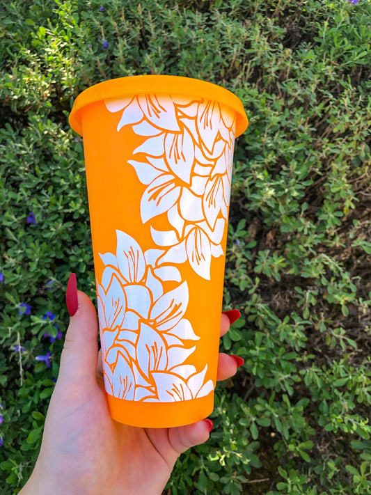 White Floral Orange Decorated Cold Cup - ShopCassiesCrafts