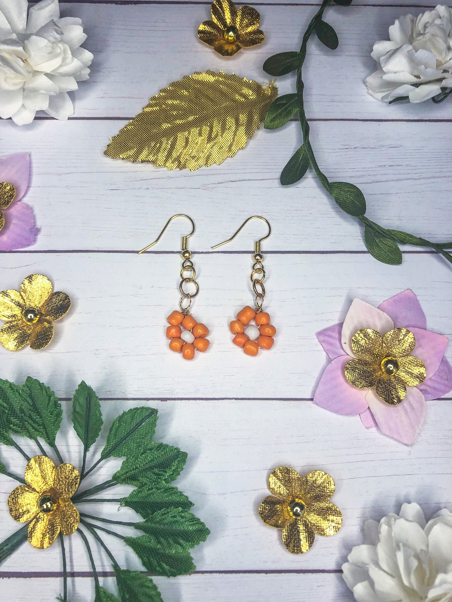 Beaded Flowers Gold Hook Earrings