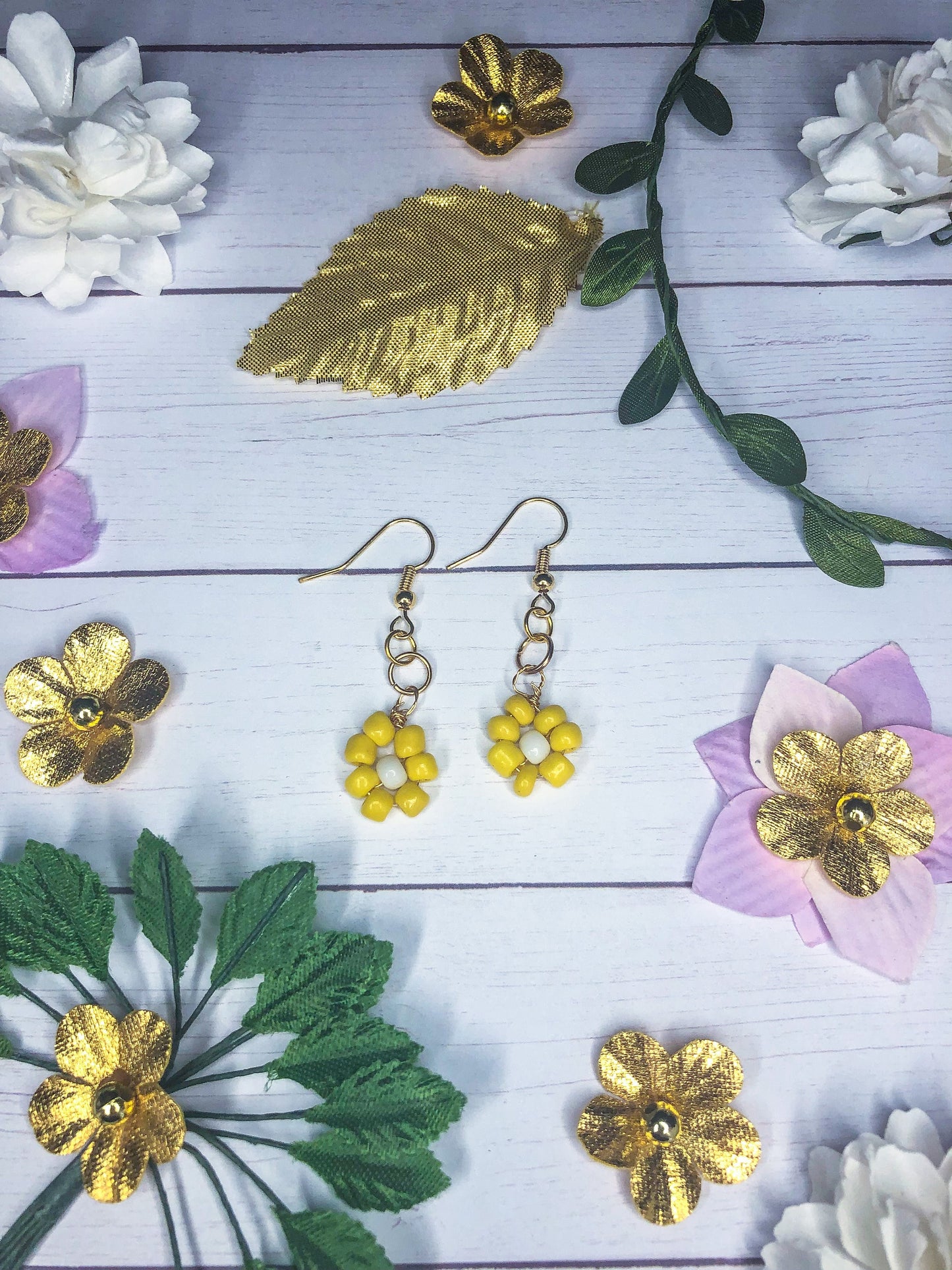 Beaded Flowers Gold Hook Earrings