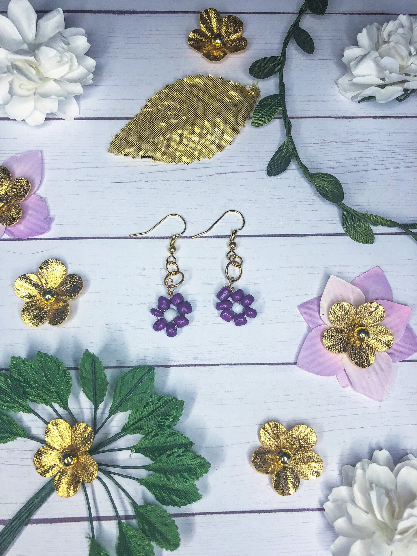 Beaded Flowers Gold Hook Earrings