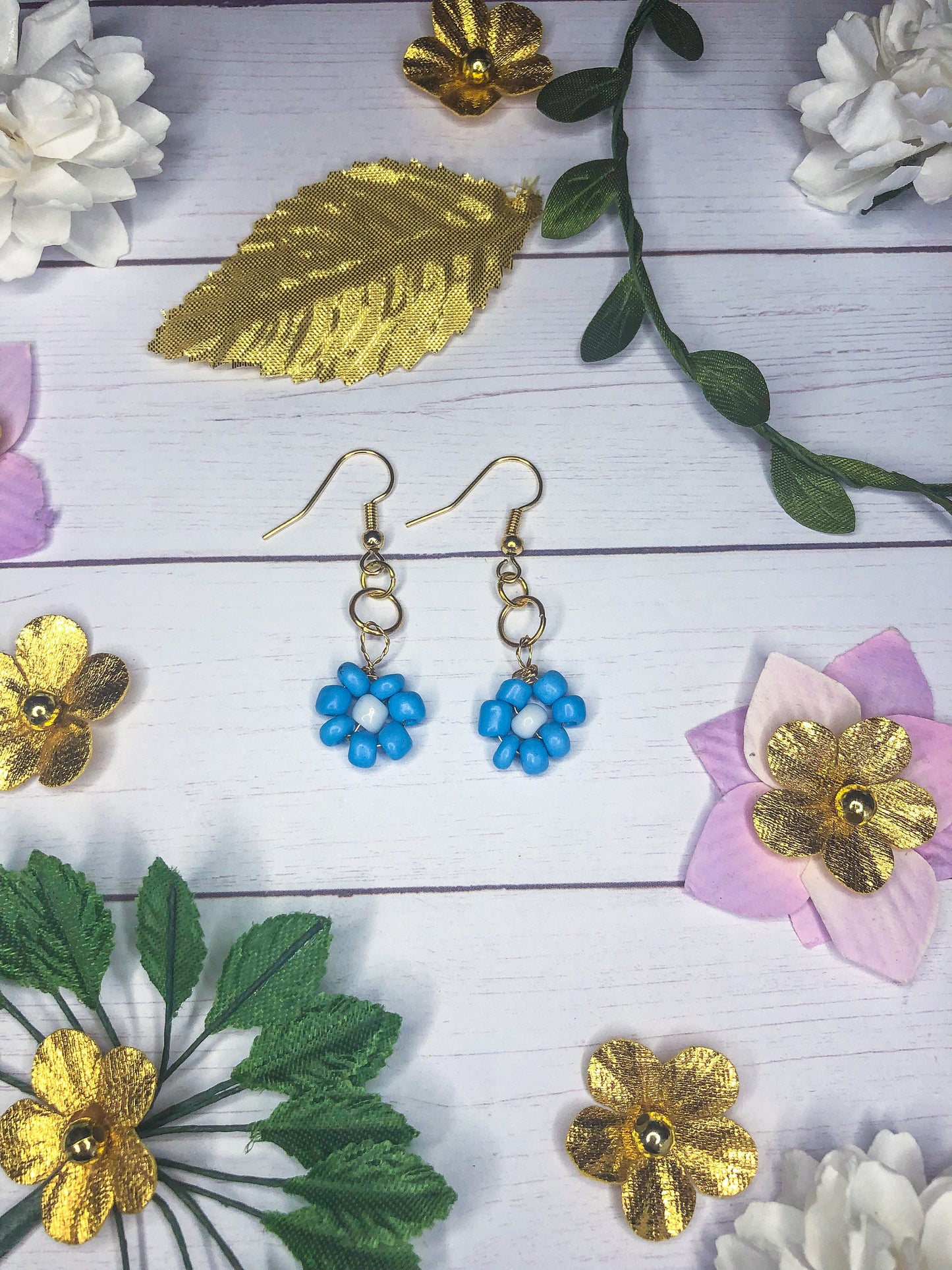 Beaded Flowers Gold Hook Earrings