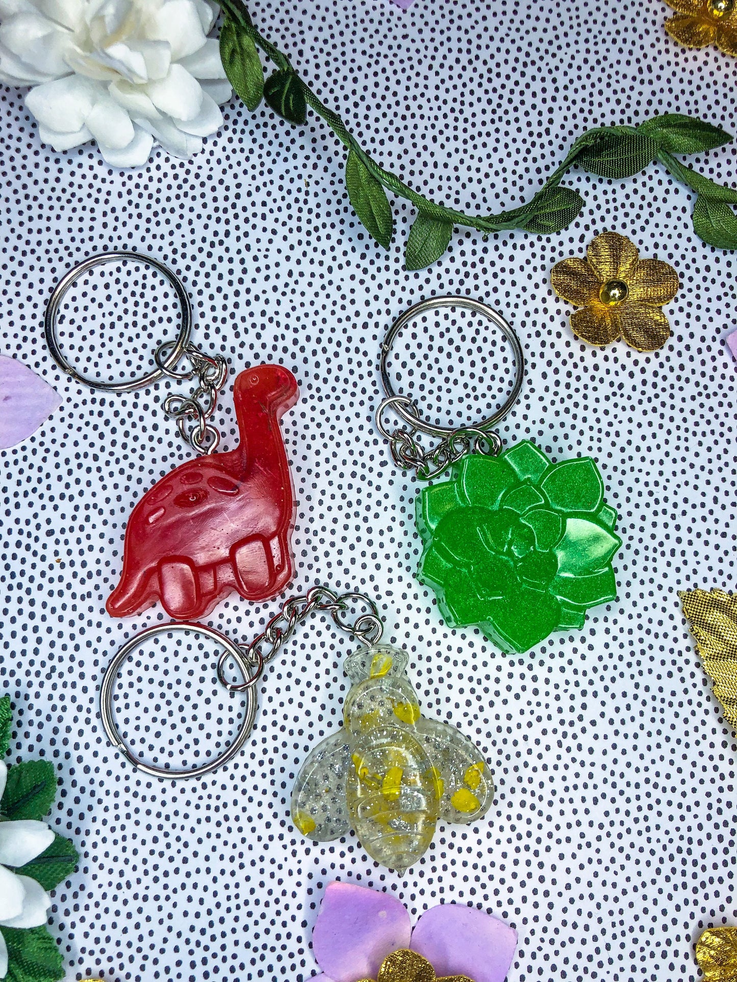 Dinosaur / Floral / Bees Resin Keychains - Read Description!