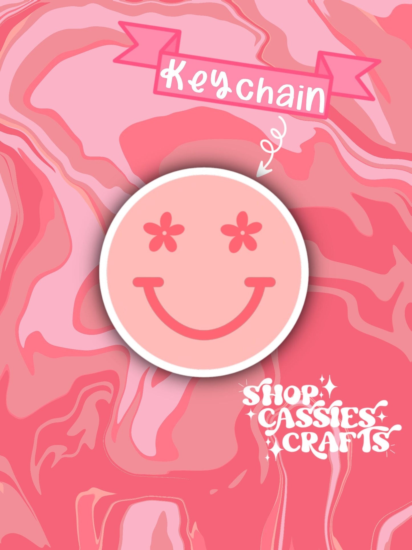 Pink Smiley Face Floral Circle Cut Inspired Acrylic Keychain - ShopCassiesCrafts