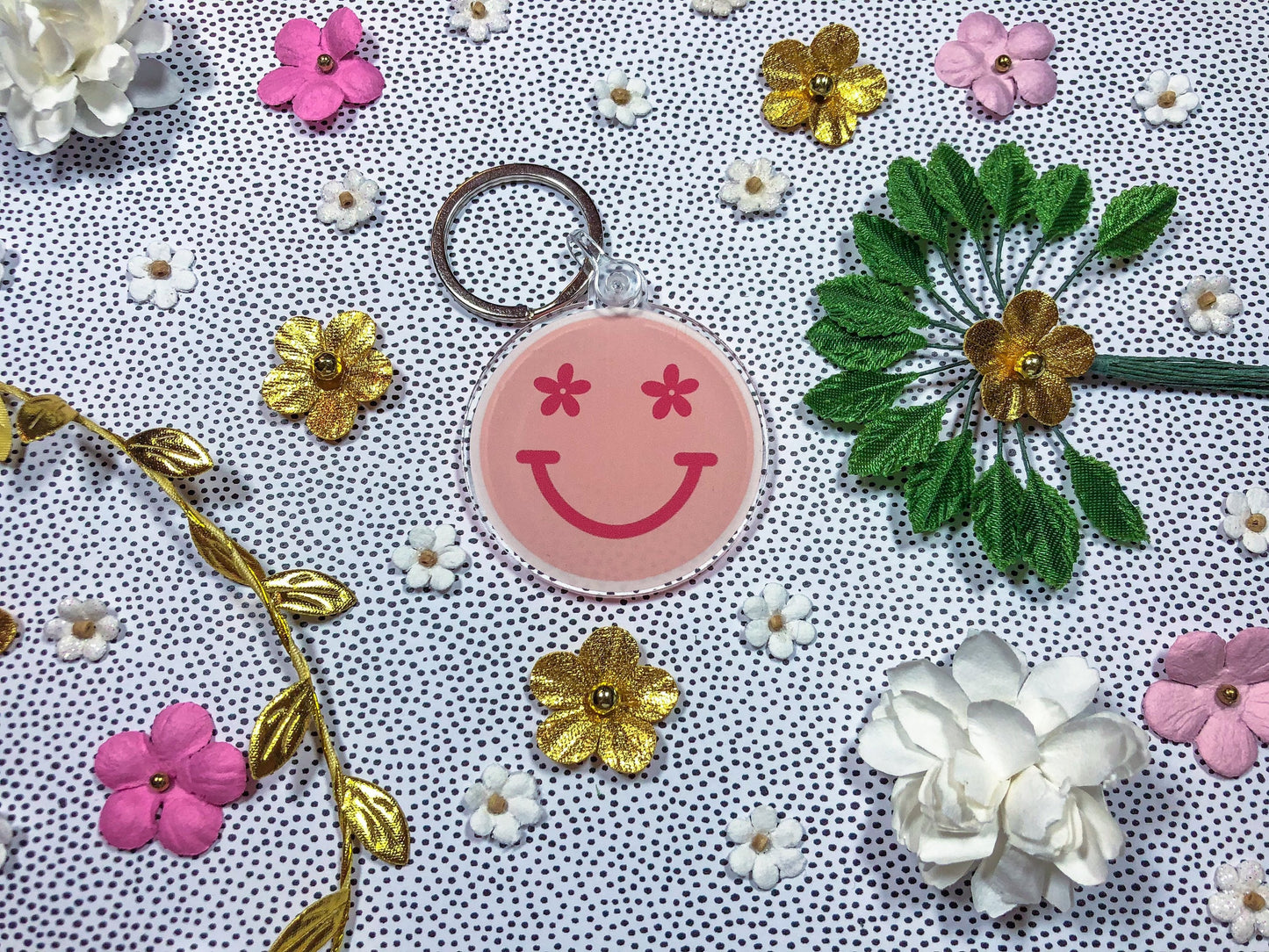 Pink Smiley Face Floral Circle Cut Inspired Acrylic Keychain - ShopCassiesCrafts