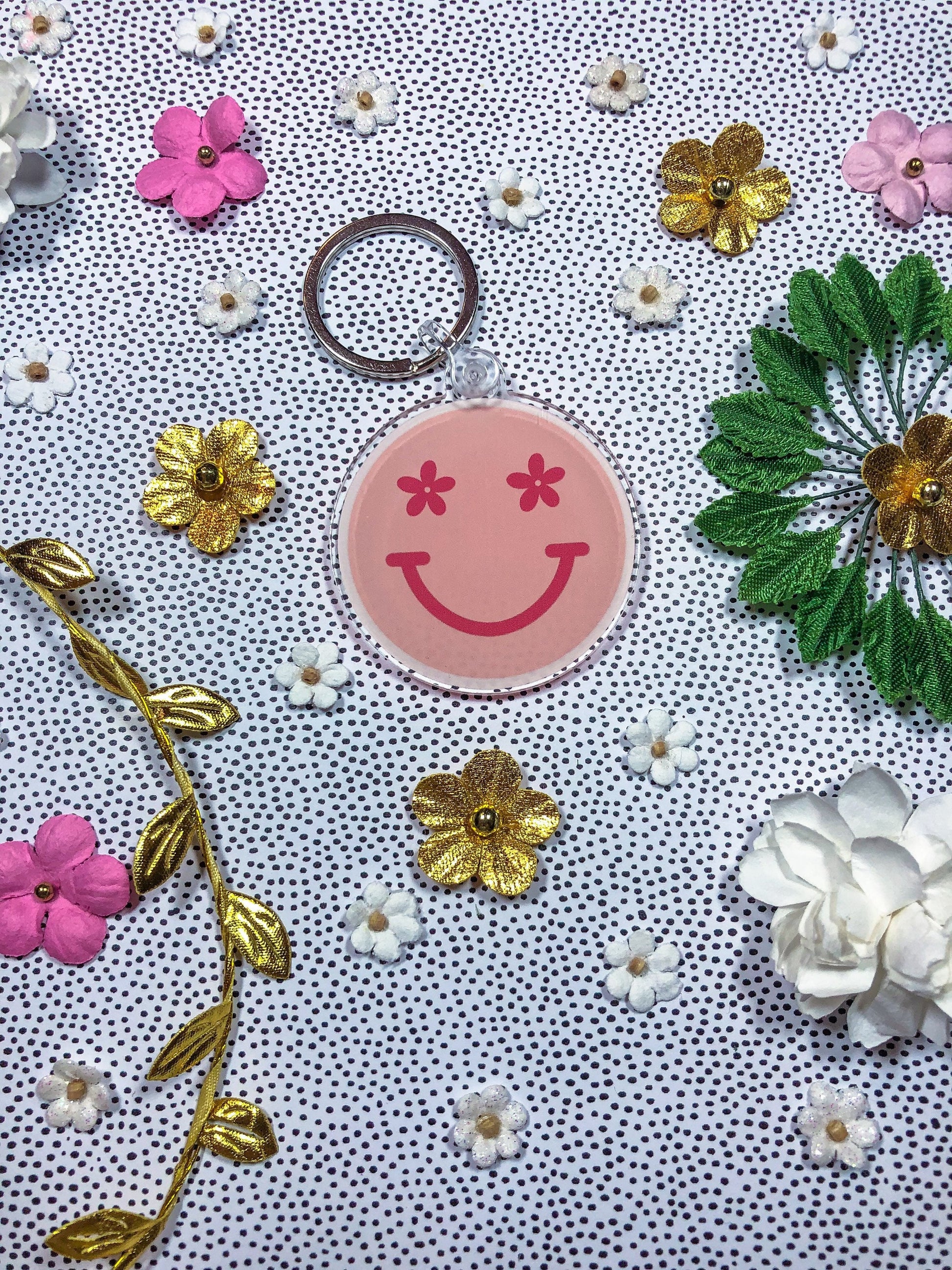 Pink Smiley Face Floral Circle Cut Inspired Acrylic Keychain - ShopCassiesCrafts