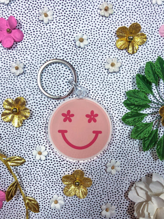 Pink Smiley Face Floral Circle Cut Inspired Acrylic Keychain - ShopCassiesCrafts