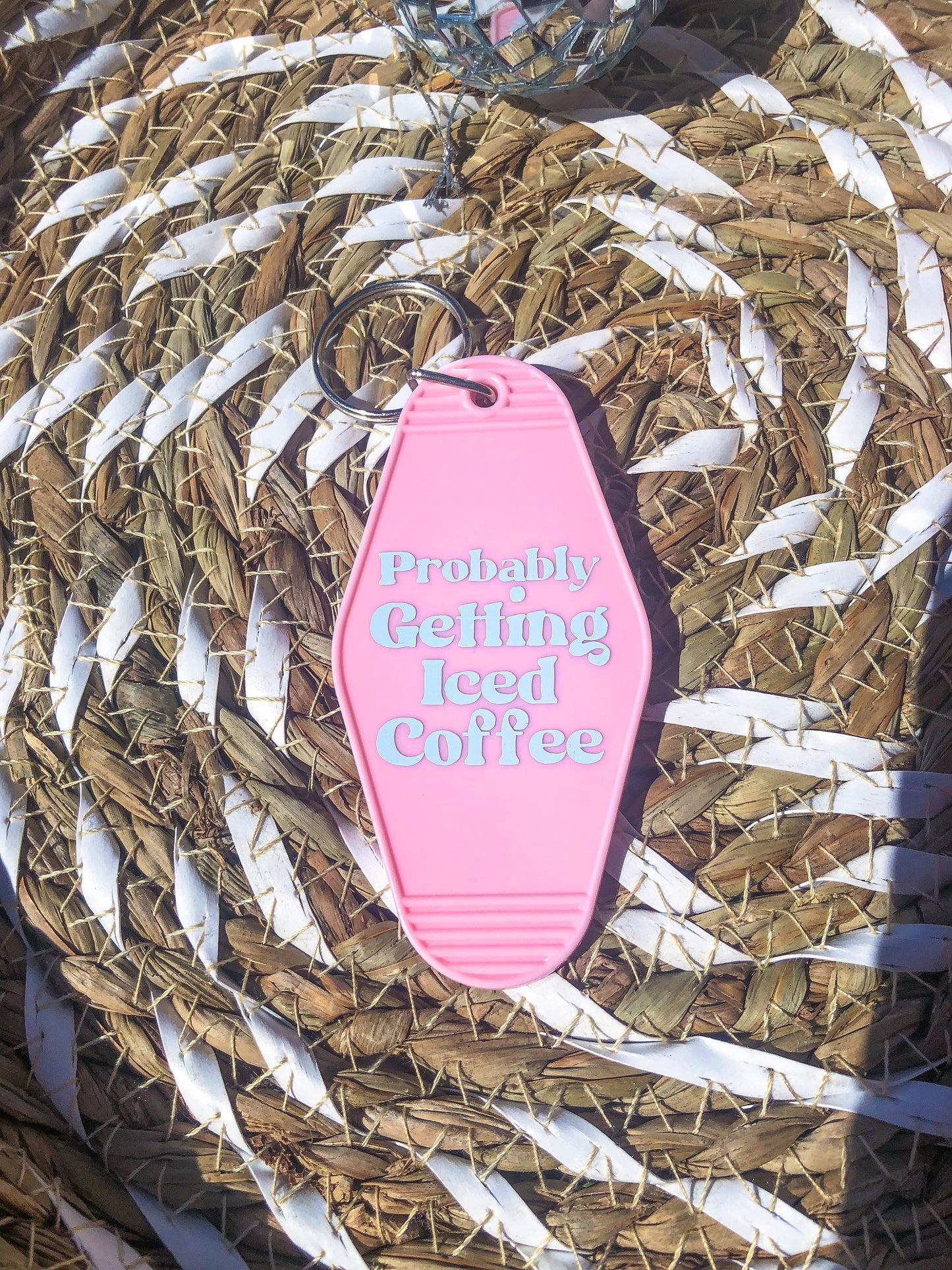 Pink "Probably Getting Iced Coffee" Motel Keychain - ShopCassiesCrafts