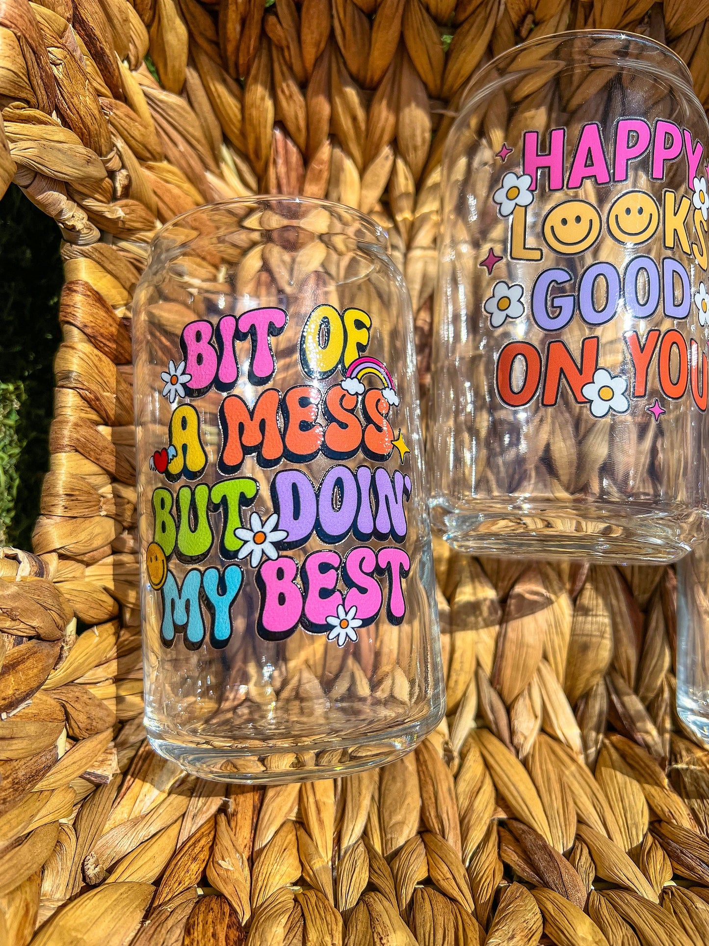 Bit Of A Mess But Doin’ My Best Decorated 16 oz Glass Cup - ShopCassiesCrafts