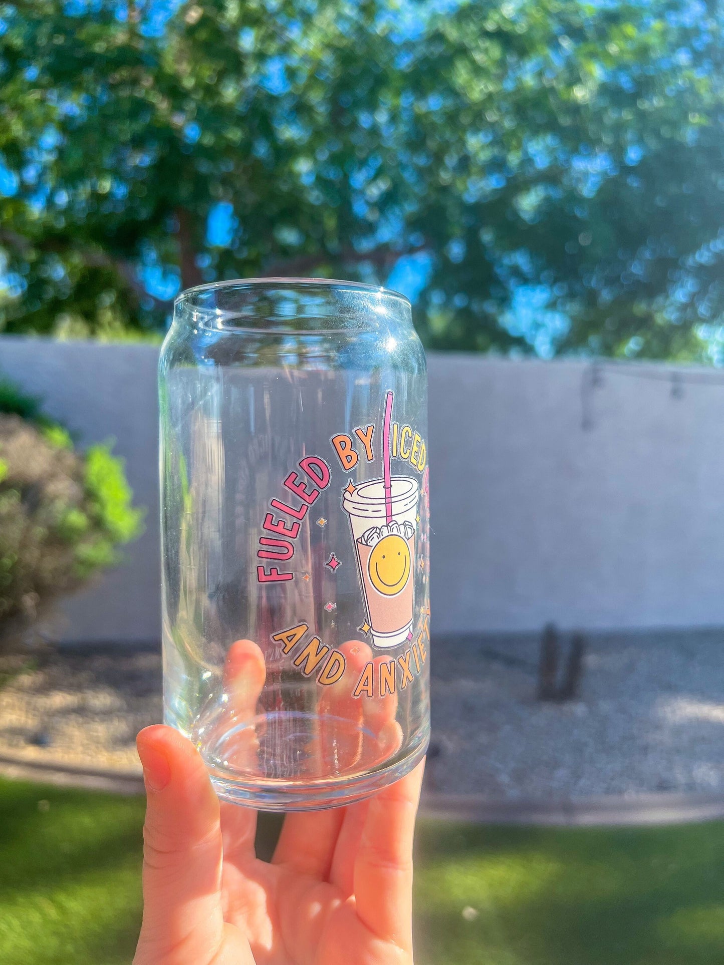 Fueled By Iced Coffee and Anxiety Decorated 16 oz Glass Cup