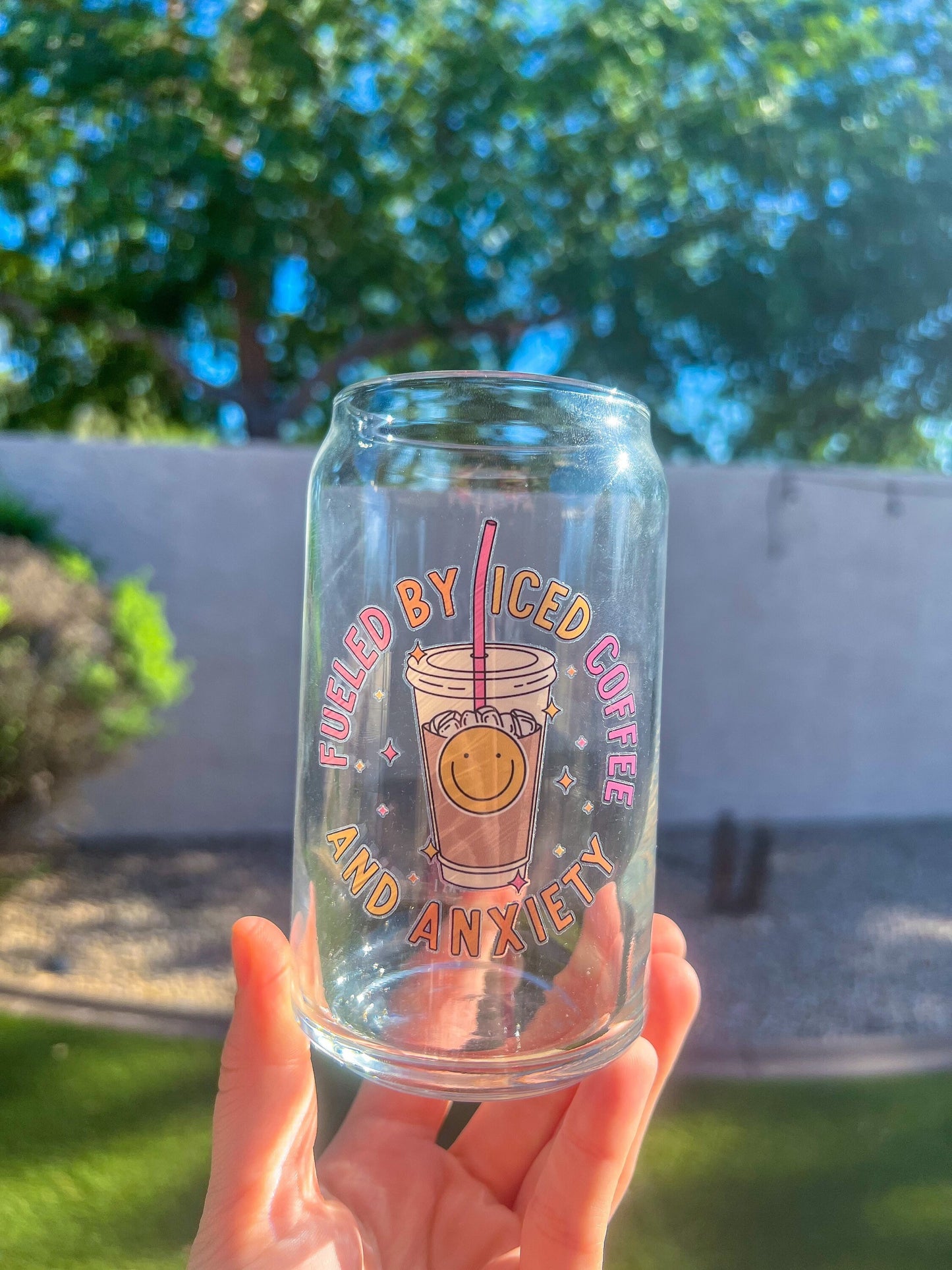 Fueled By Iced Coffee and Anxiety Decorated 16 oz Glass Cup