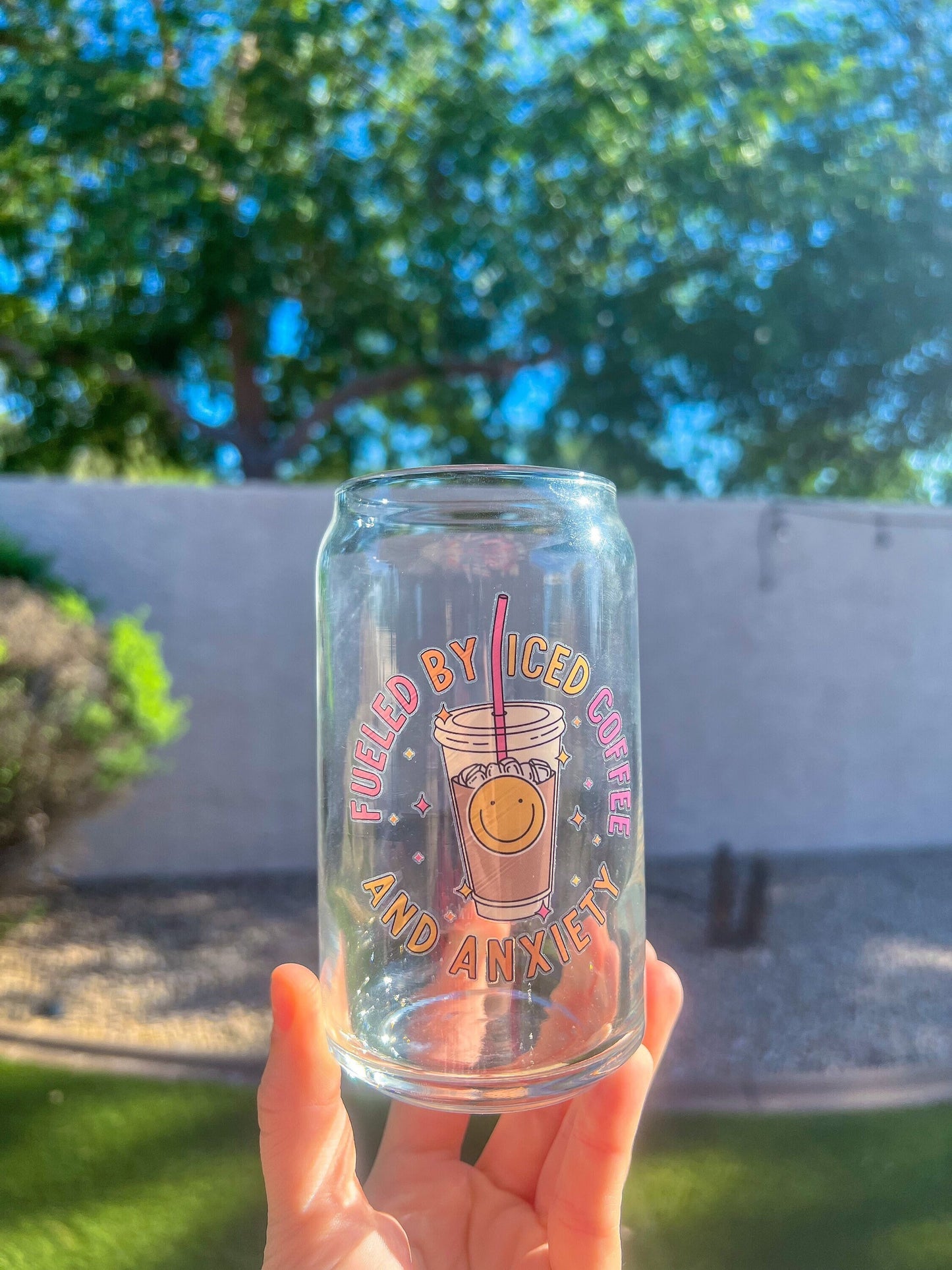 Fueled By Iced Coffee and Anxiety Decorated 16 oz Glass Cup