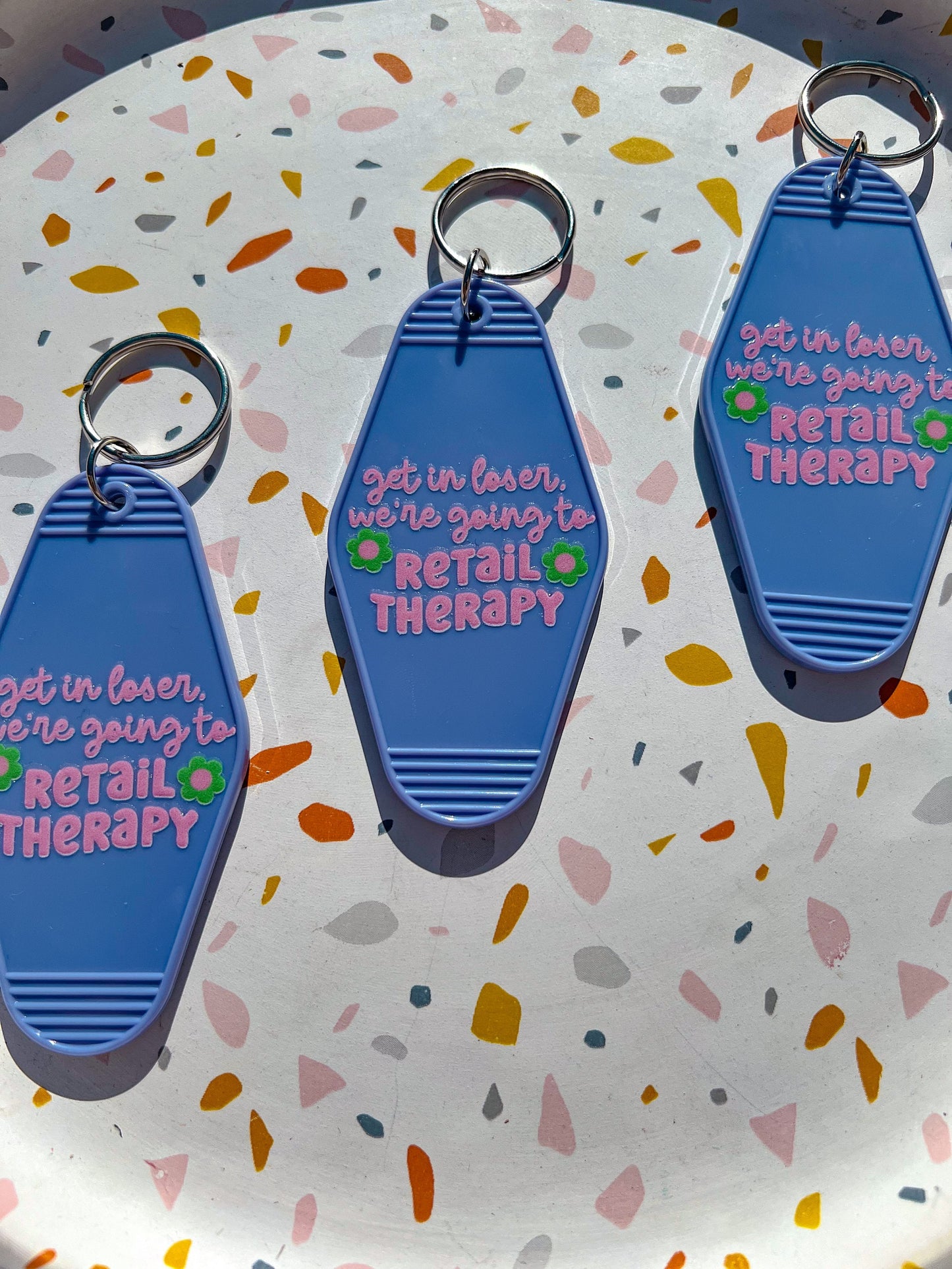 Purple "Get In Loser, We're Going To Retail Therapy" Motel Keychain - ShopCassiesCrafts