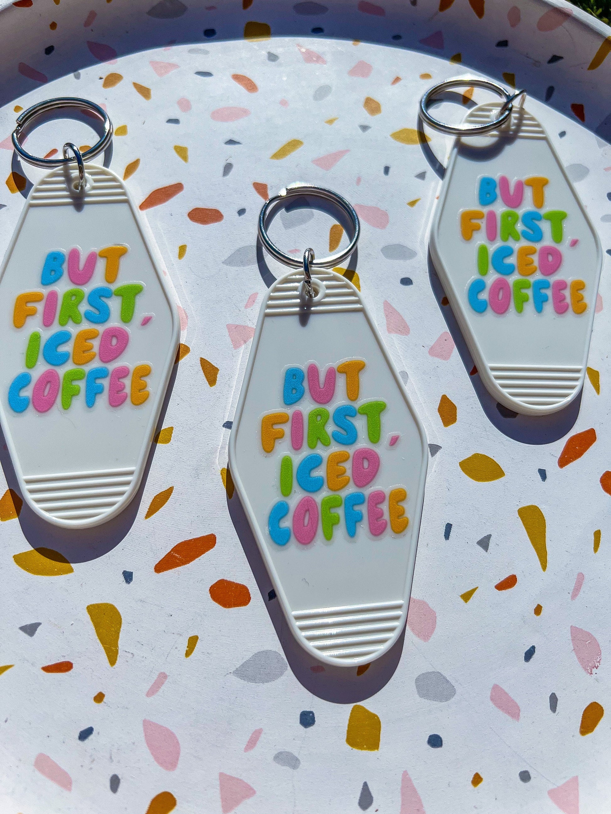 Light Beige "But First, Iced Coffee" Motel Keychain - ShopCassiesCrafts