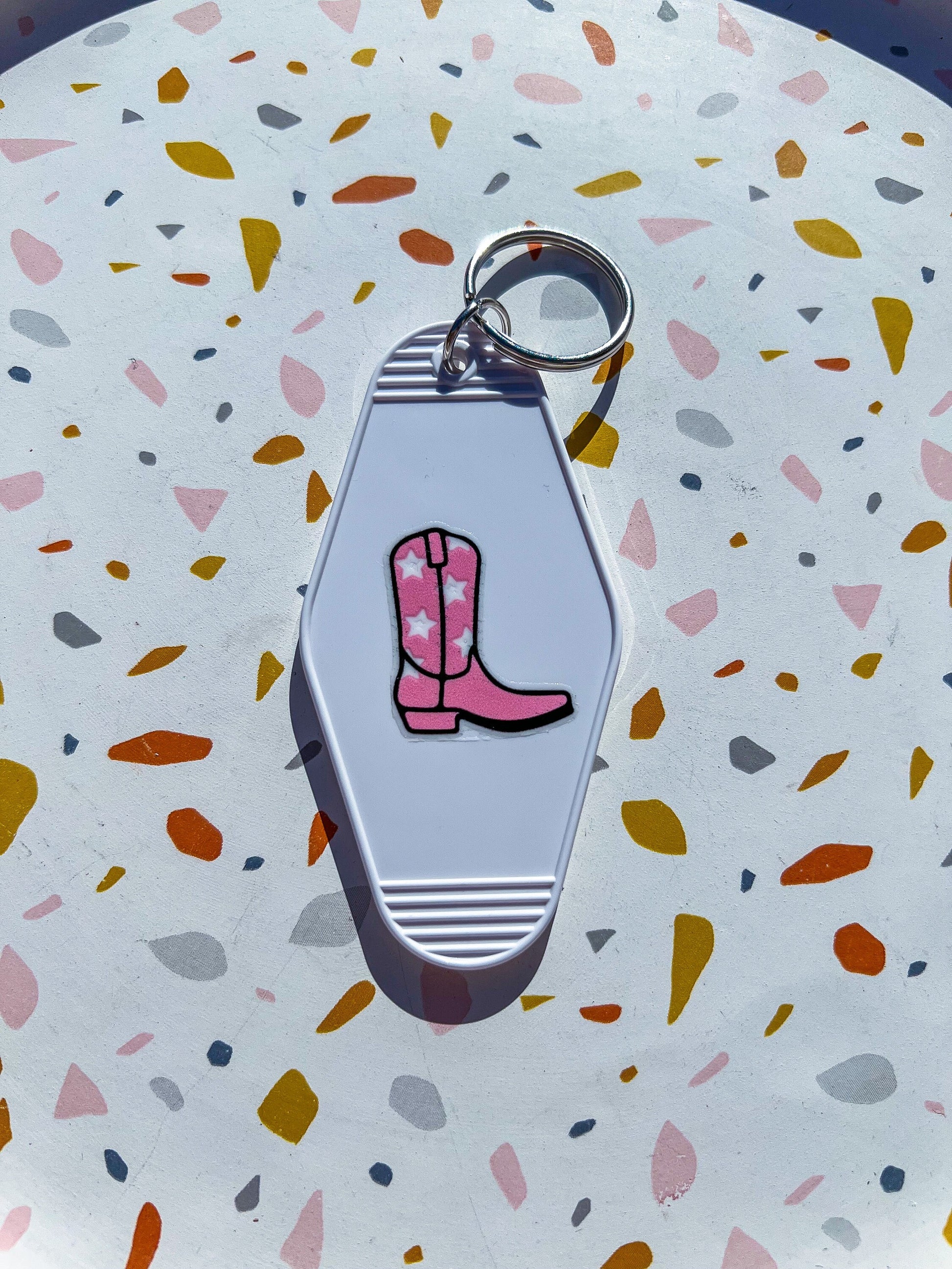 White "The Hell I Won't" with Pink Cowgirl Boot Motel Keychain - ShopCassiesCrafts