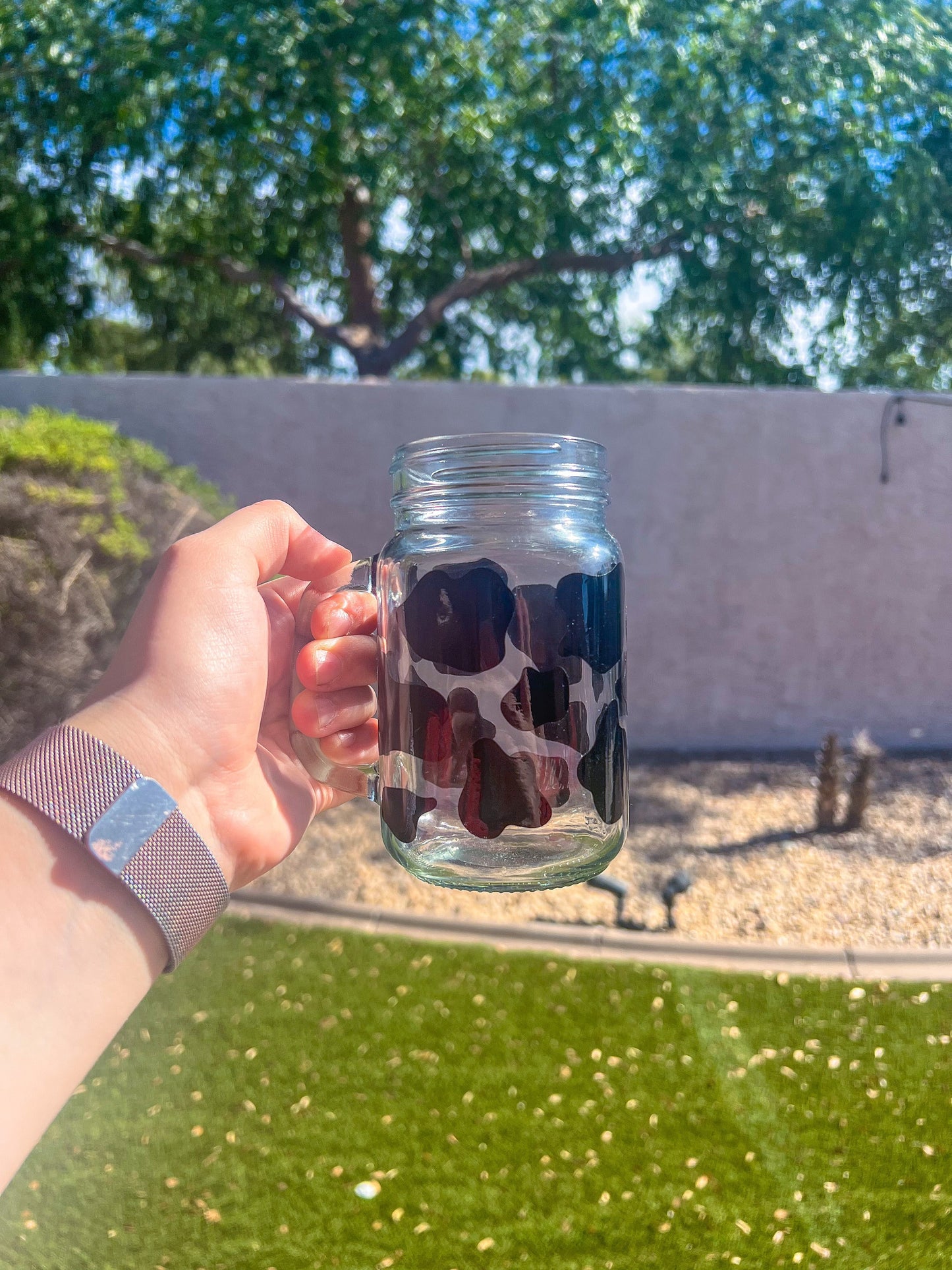 Black Cow Print Decorated Glass Mason Jar w/Handle