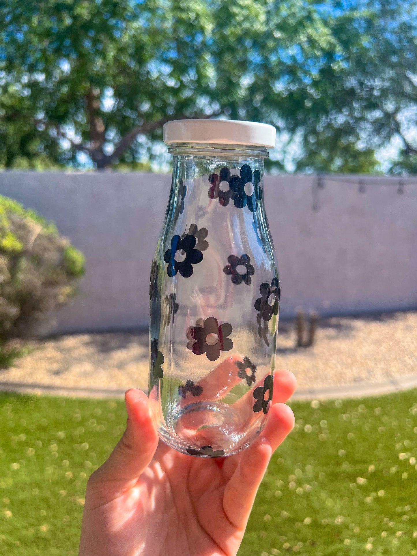 Black Flowers Decorated Glass Milk Bottle with Lid